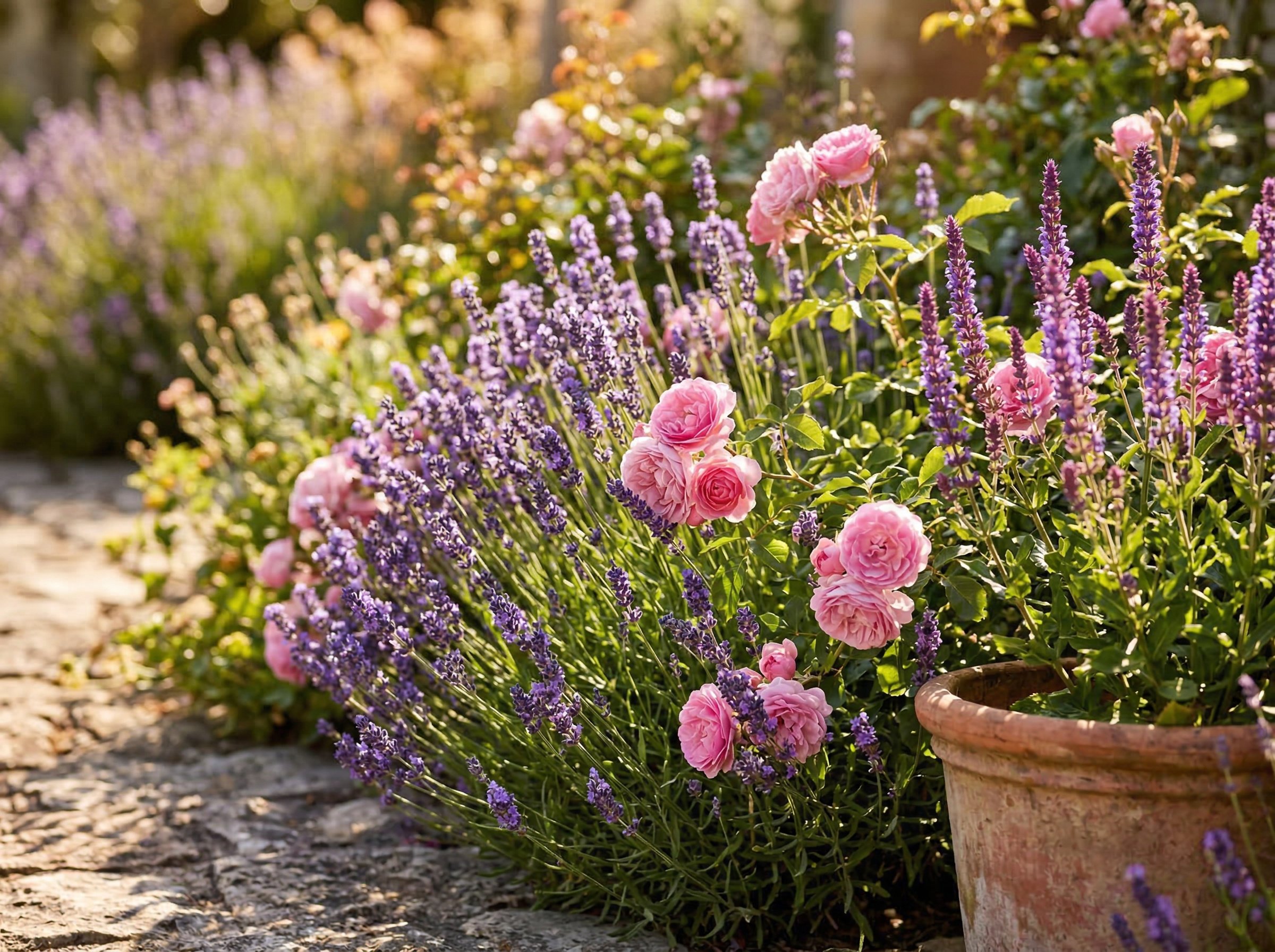 Lavender and echinacea growing together in a well-drained garden border with visiting bumblebees