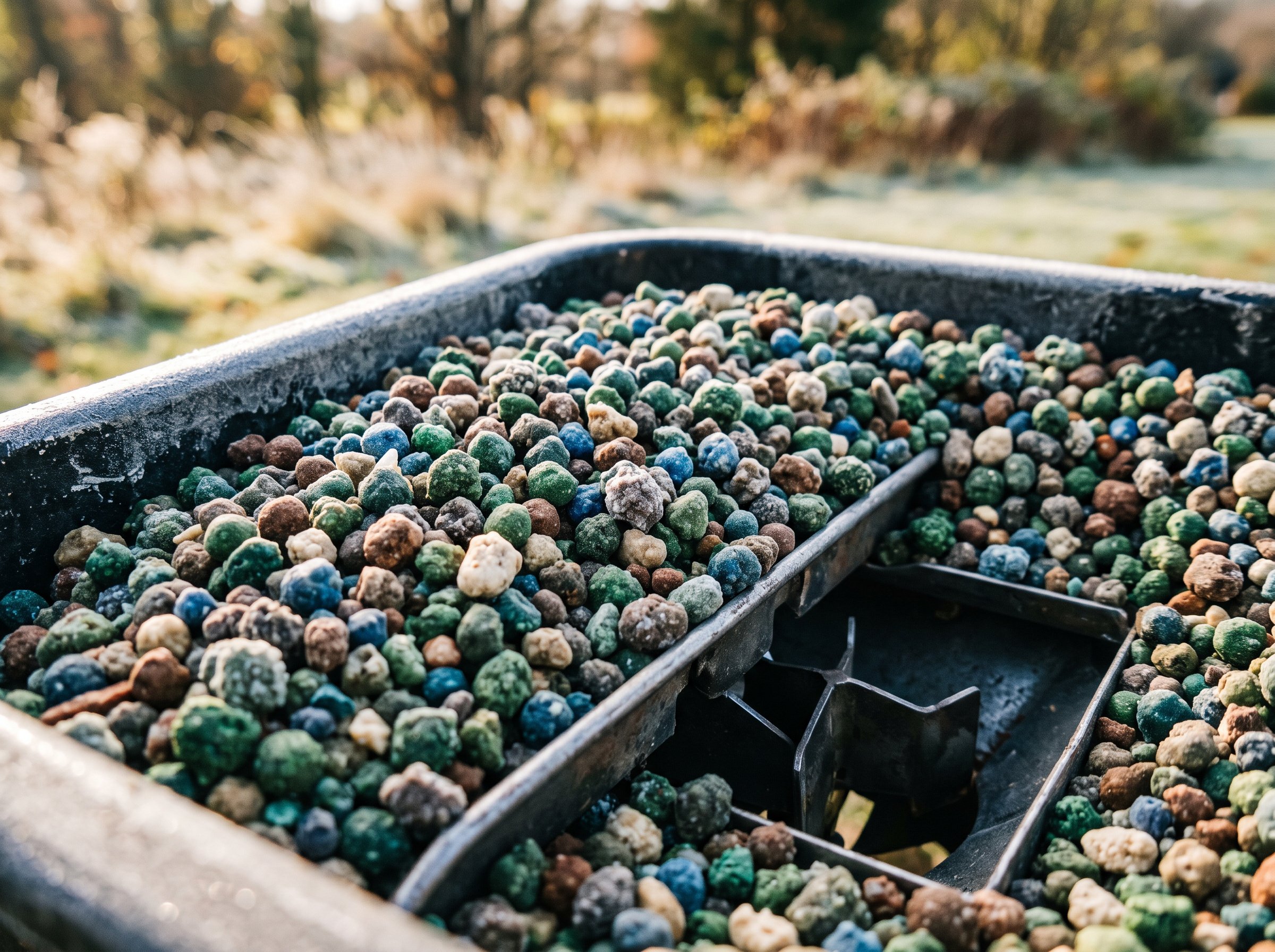 Professional gardener applying winterizer fertilizer to lawn in fall