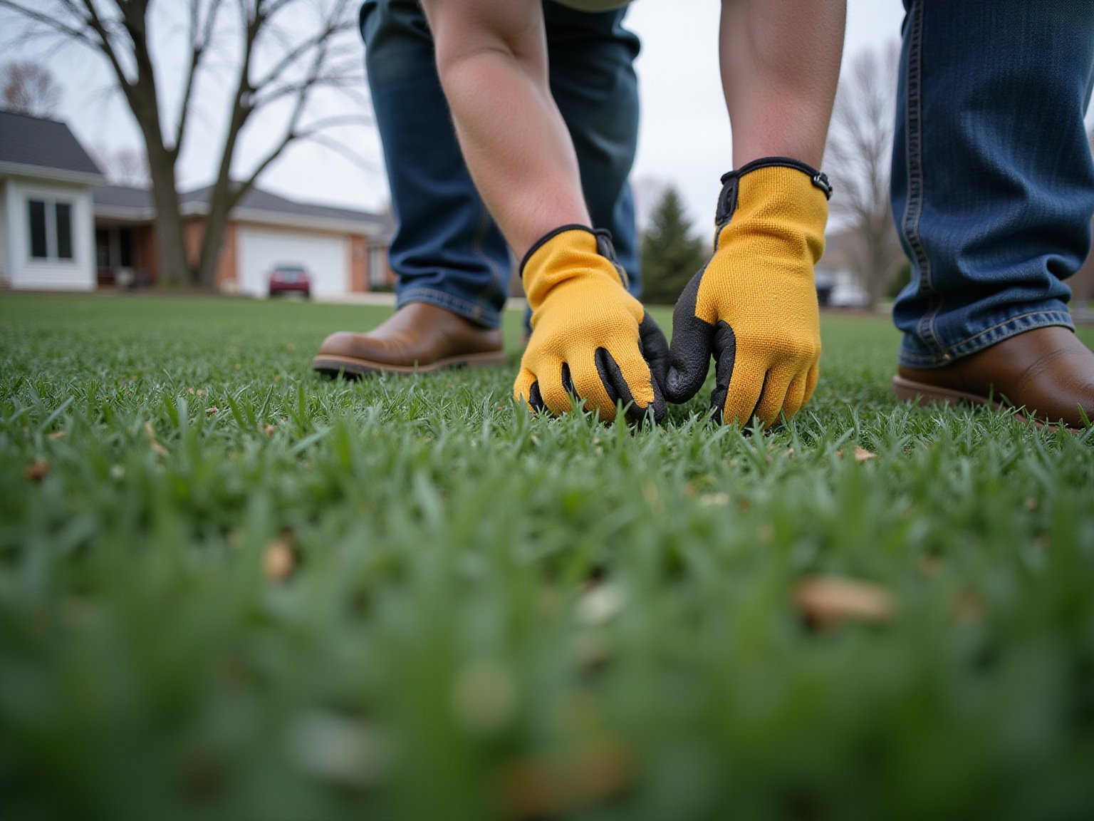 Detail view of Why is my lawn not growing technique on residential lawn