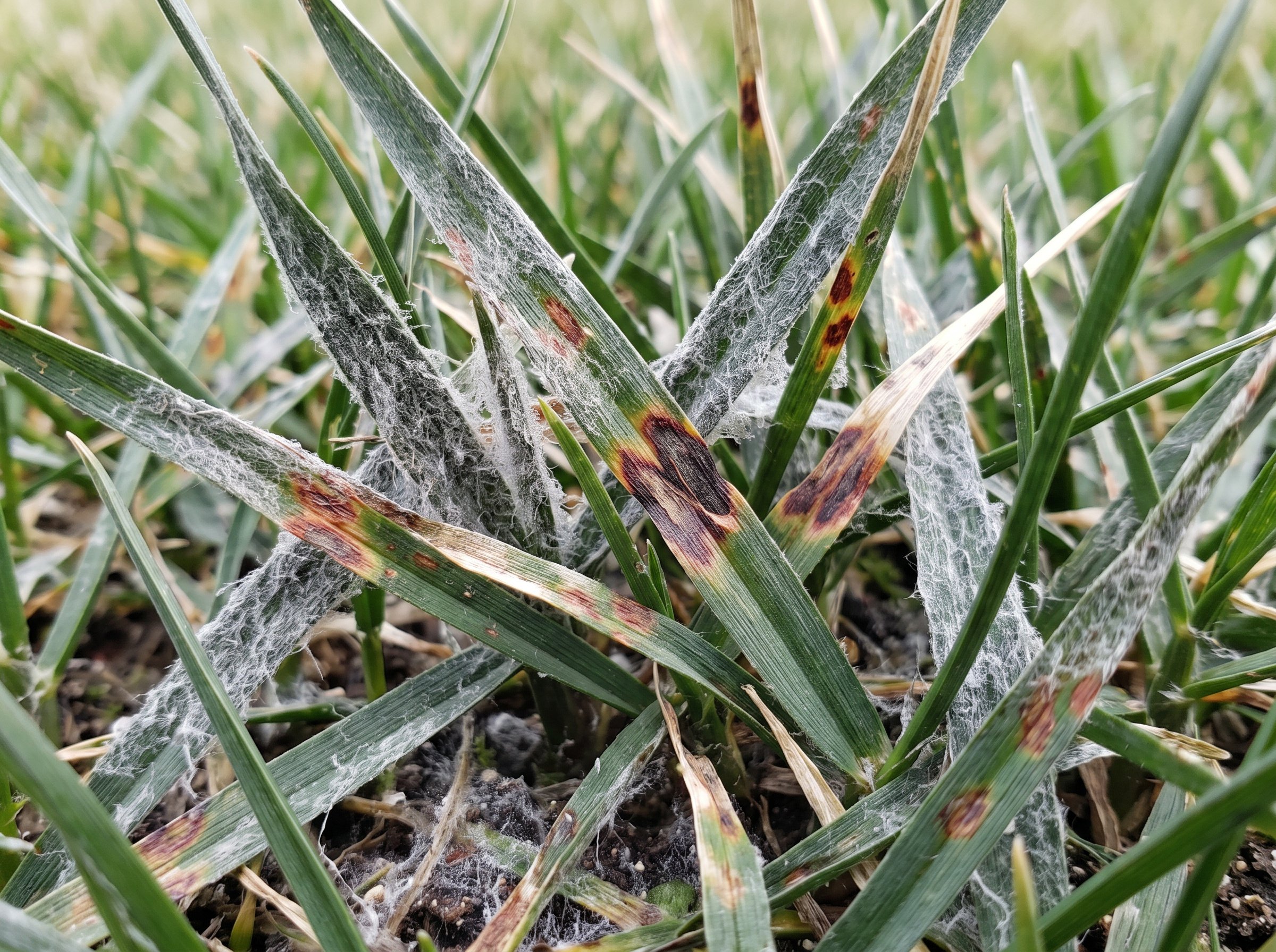 Winter lawn diseases visible on grass blades showing brown patches and discoloration