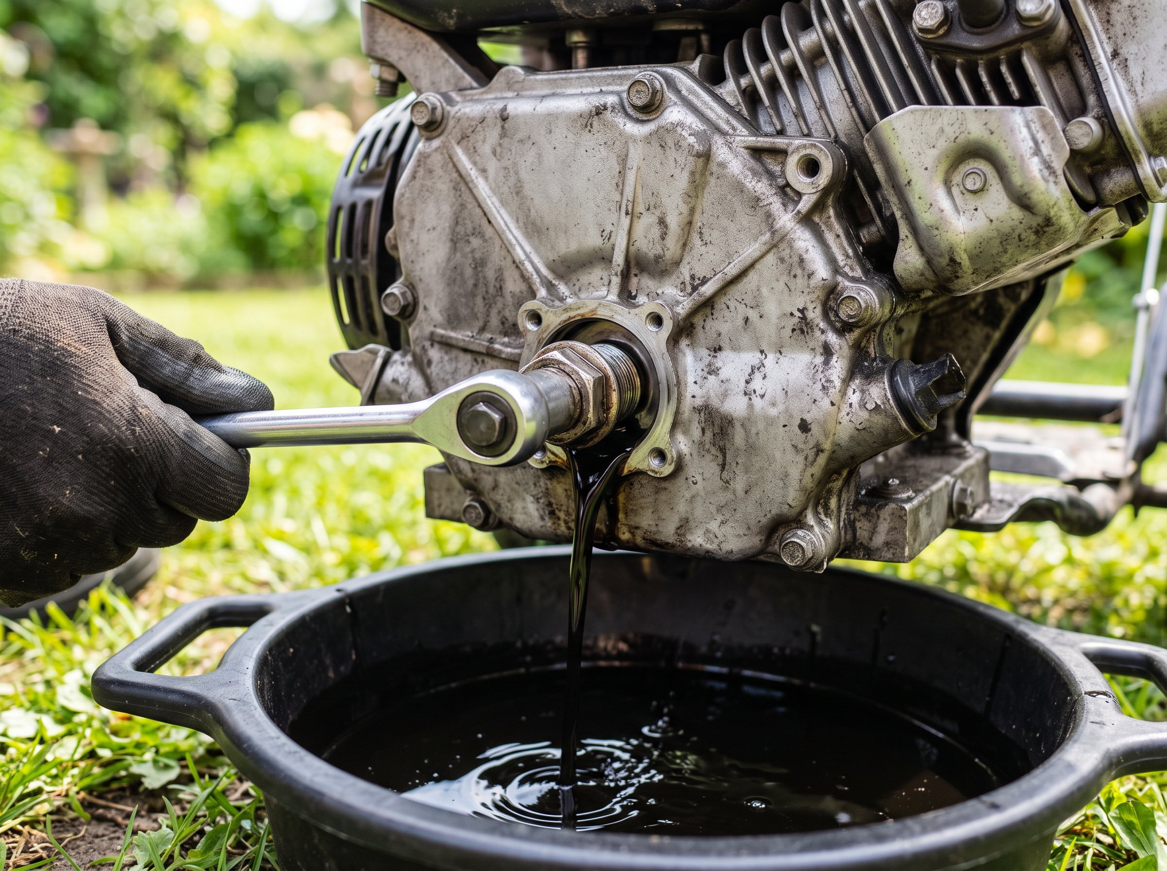 Technician winterizing lawn mower by draining fuel for seasonal storage