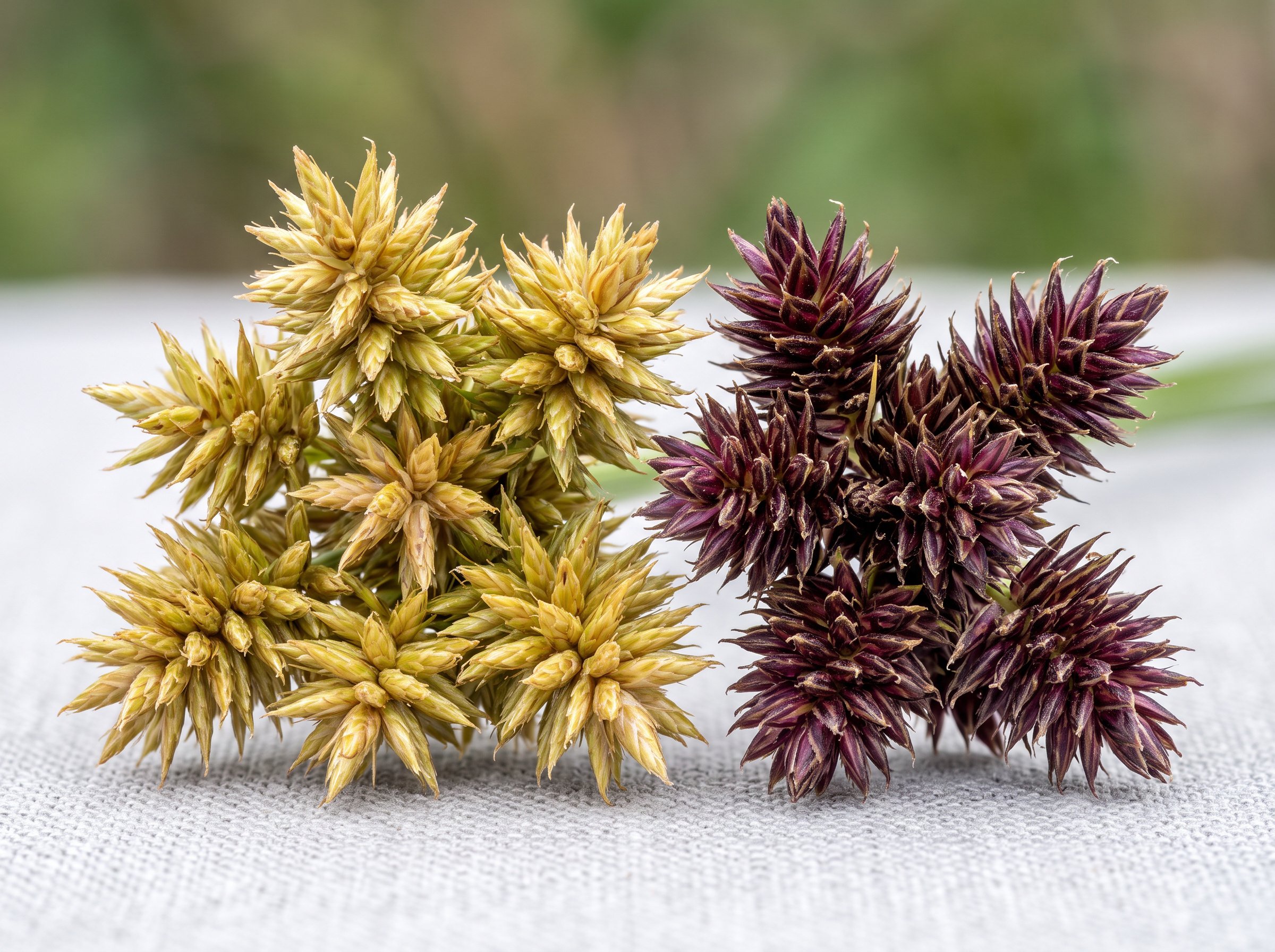 Yellow and purple nutsedge weeds compared side-by-side closeup showing leaf and stem differences