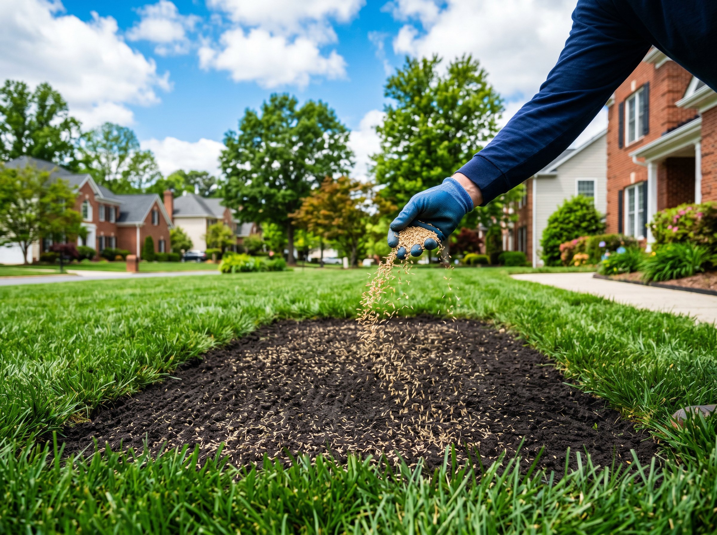 Professional lawn care specialist spreading grass seed on prepared soil in Charlotte yard during spring planting season