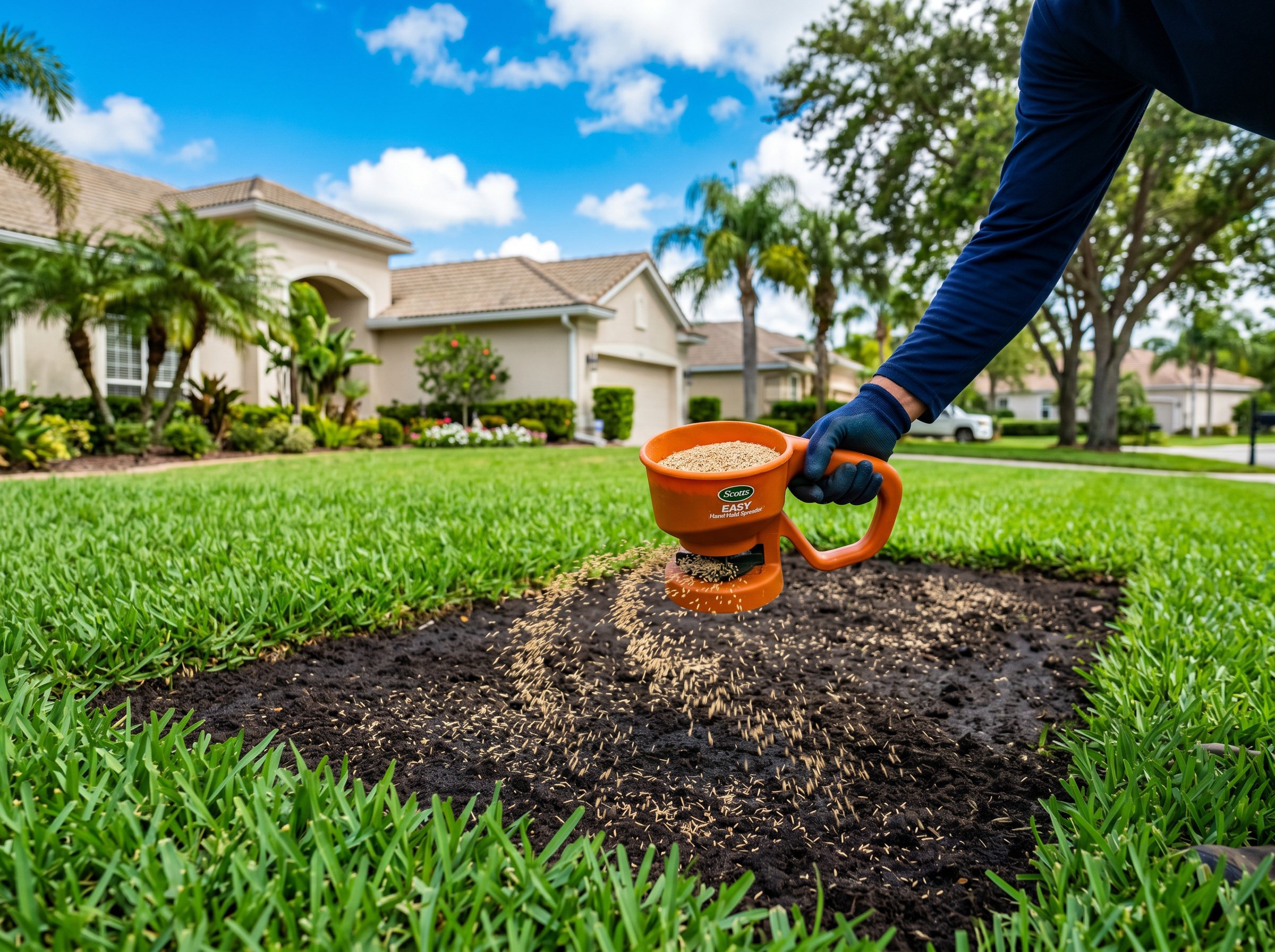 Homeowner planting grass seed in Orlando lawn during optimal growing season