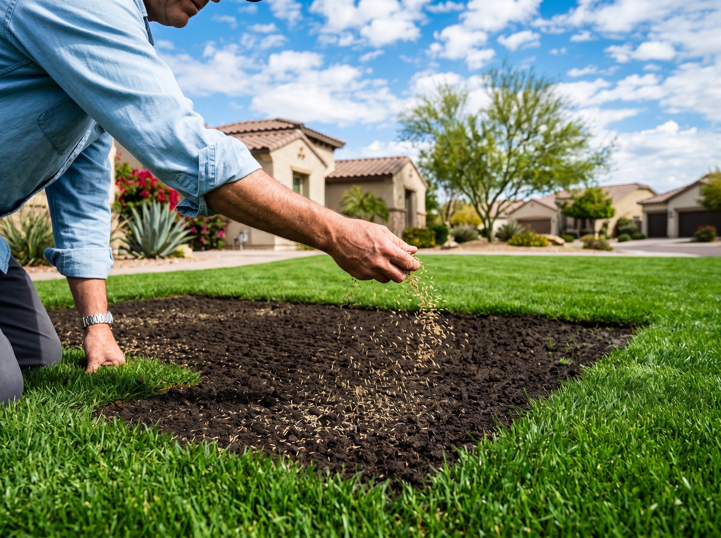 homeowner planting grass seed in Phoenix AZ lawn during optimal spring planting window