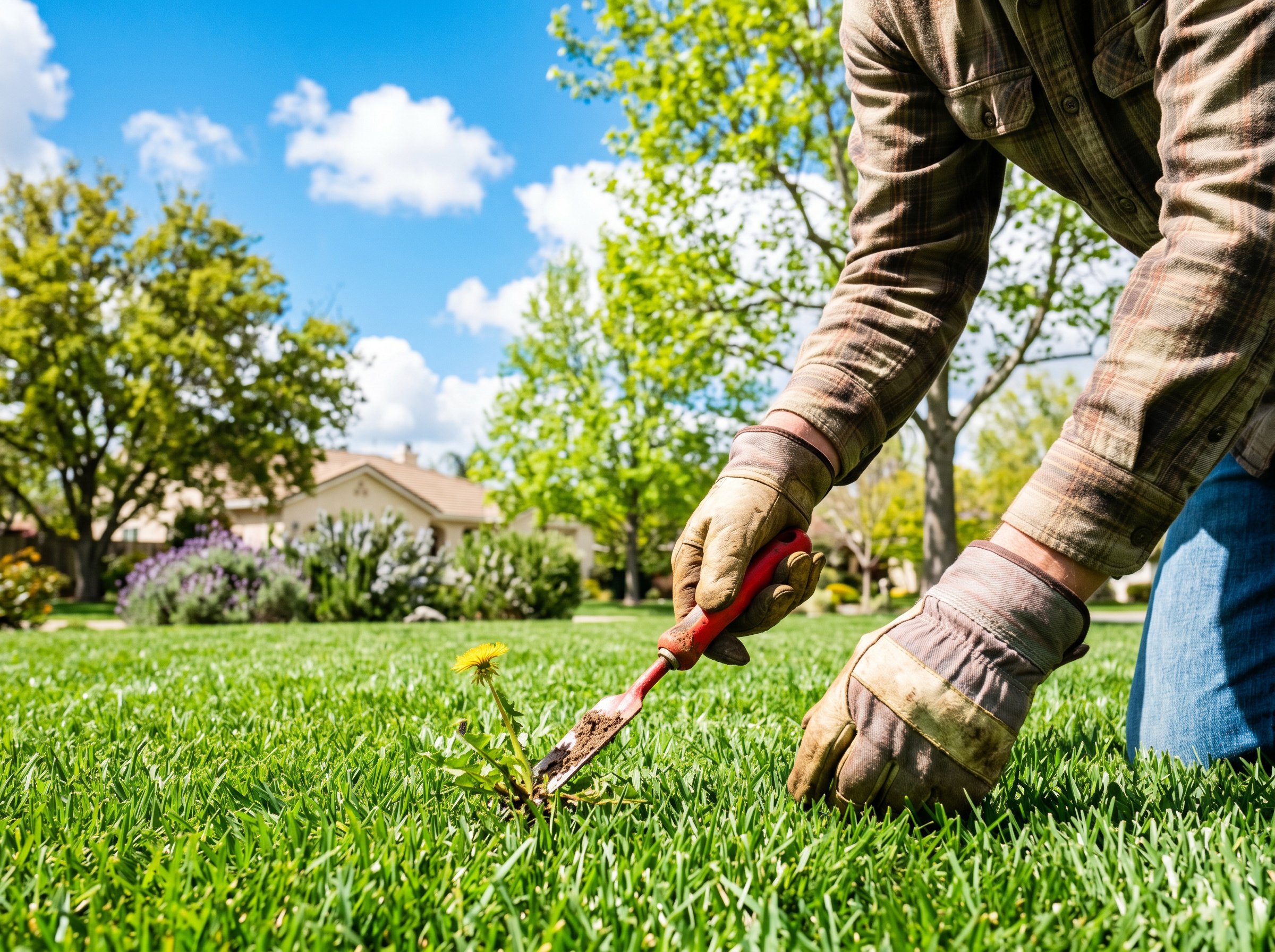 Homeowner watering California lawn during drought with efficient irrigation system