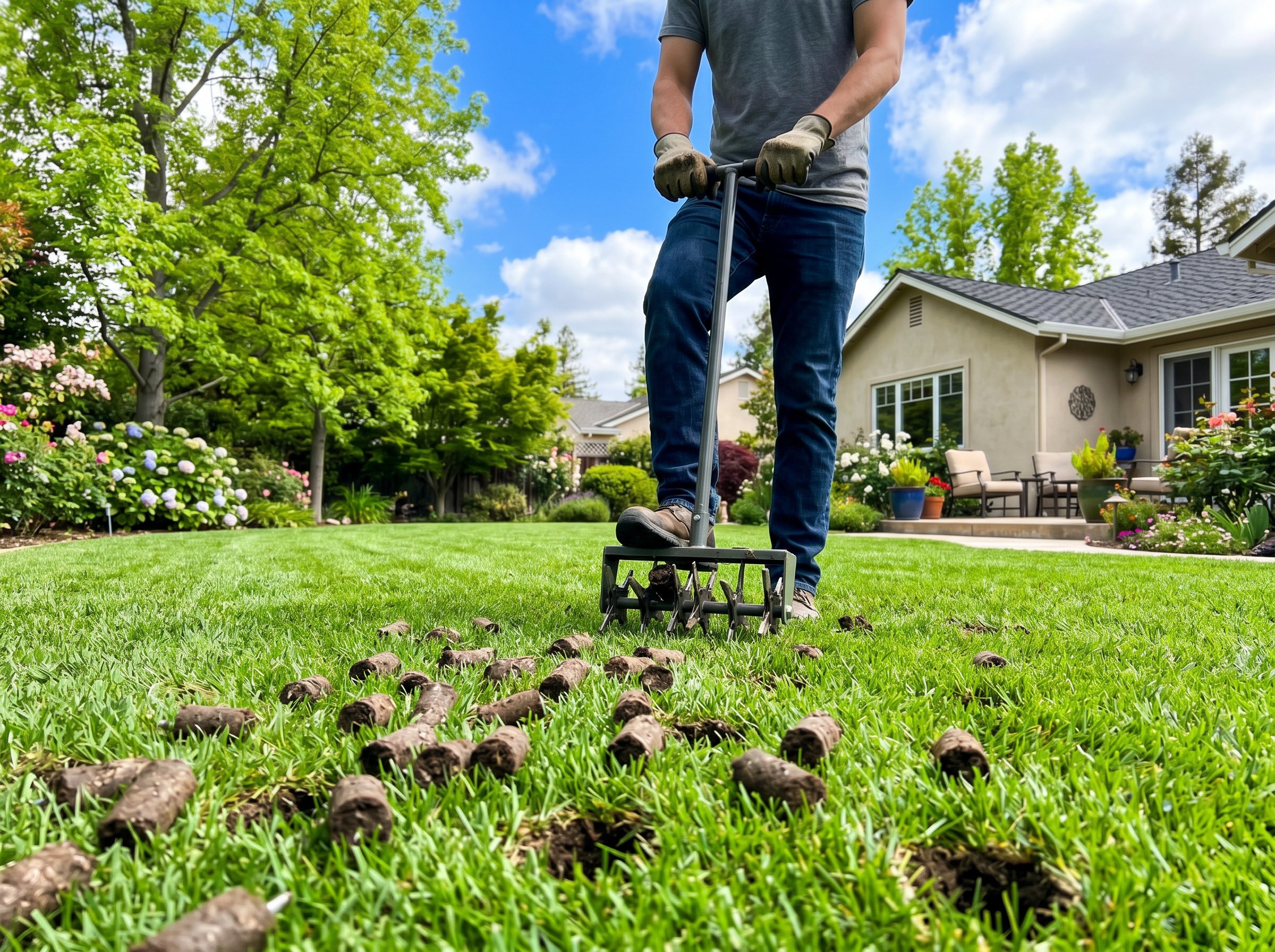 Professional lawn aeration equipment aerating California warm-season grass lawn in spring