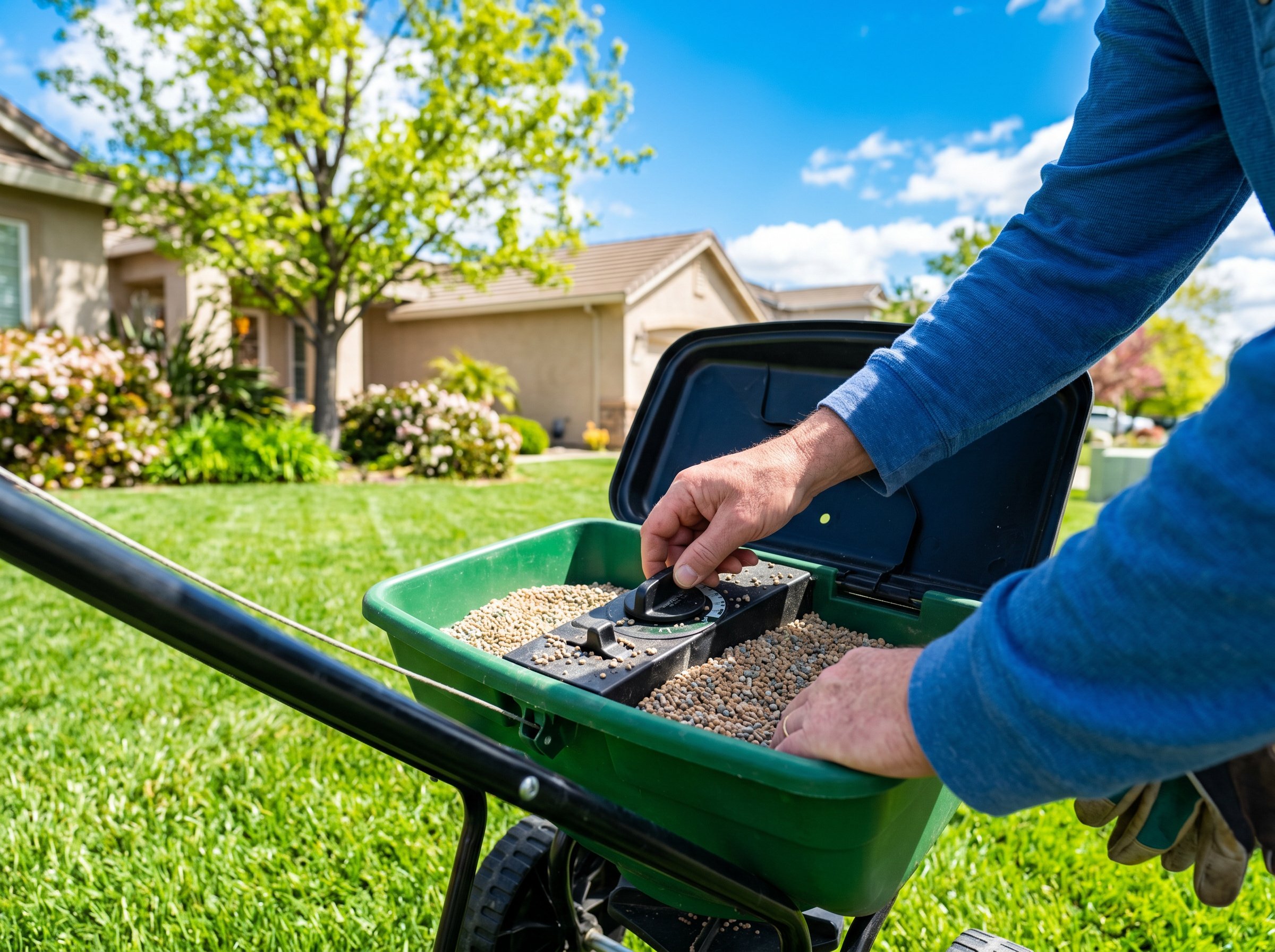 Professional applying lawn fertilizer schedule California warm-season grass treatment