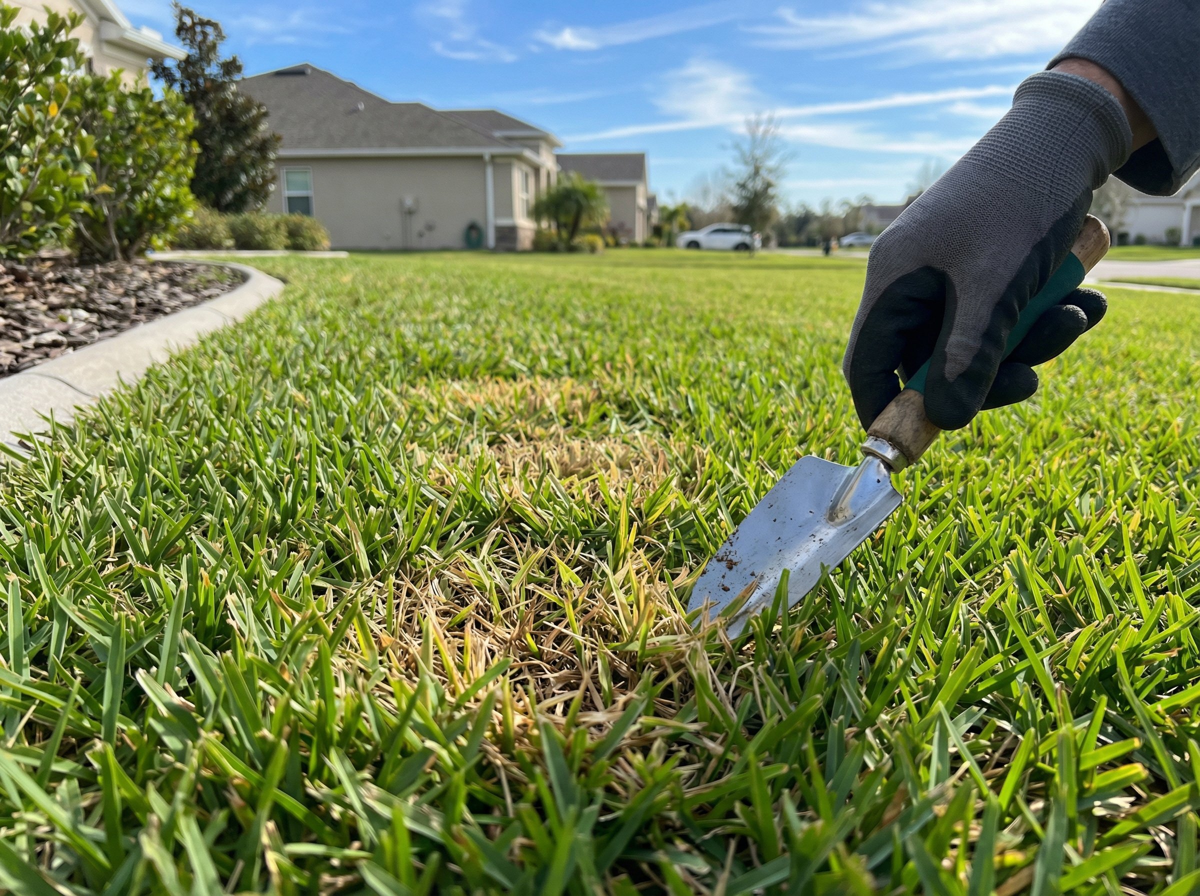 Close-up of brown lawn patch showing common fungal disease affecting St. Augustine grass in Florida landscape