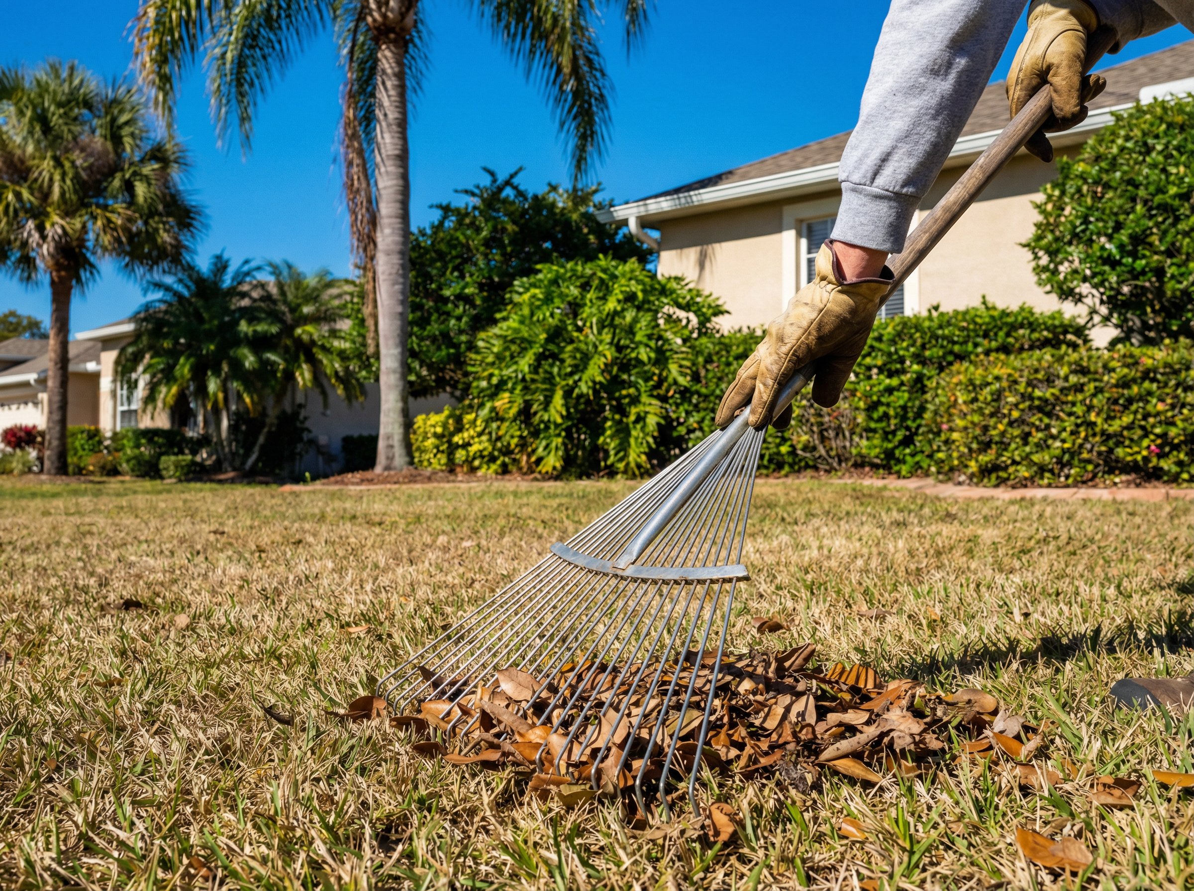 Lush green St. Augustine grass lawn in Florida with professional fertilizer spreader, demonstrating Florida lawn care guide b