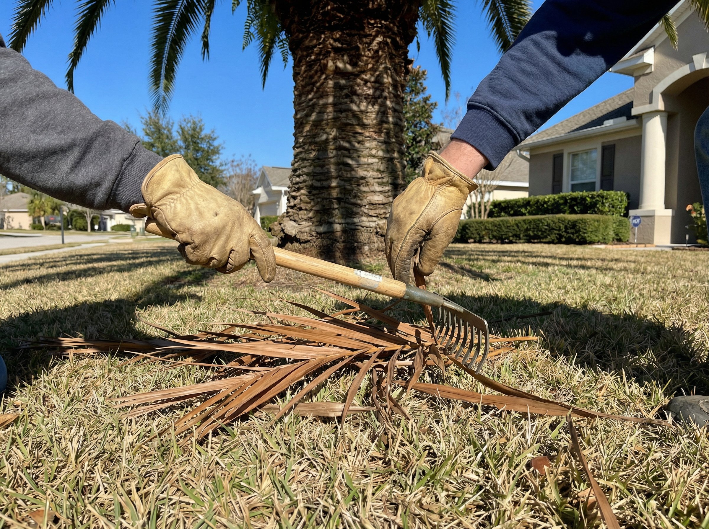 Professional landscaper applying fertilizer to a lush green lawn in a sunny Florida residential neighborhood during spring