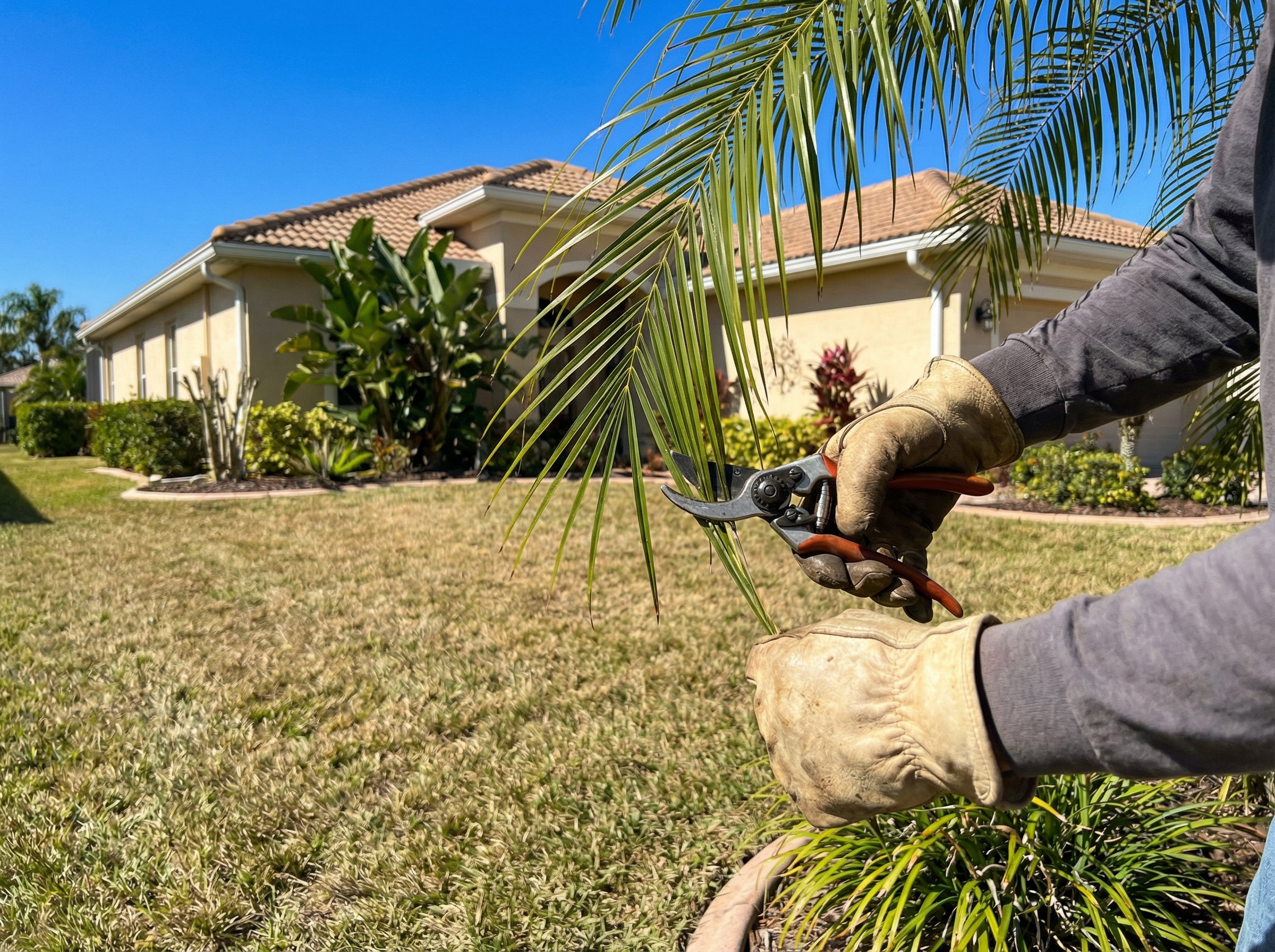 Professional lawn care technician applying fertilizer to lush green grass during summer in Florida with specialized spreader