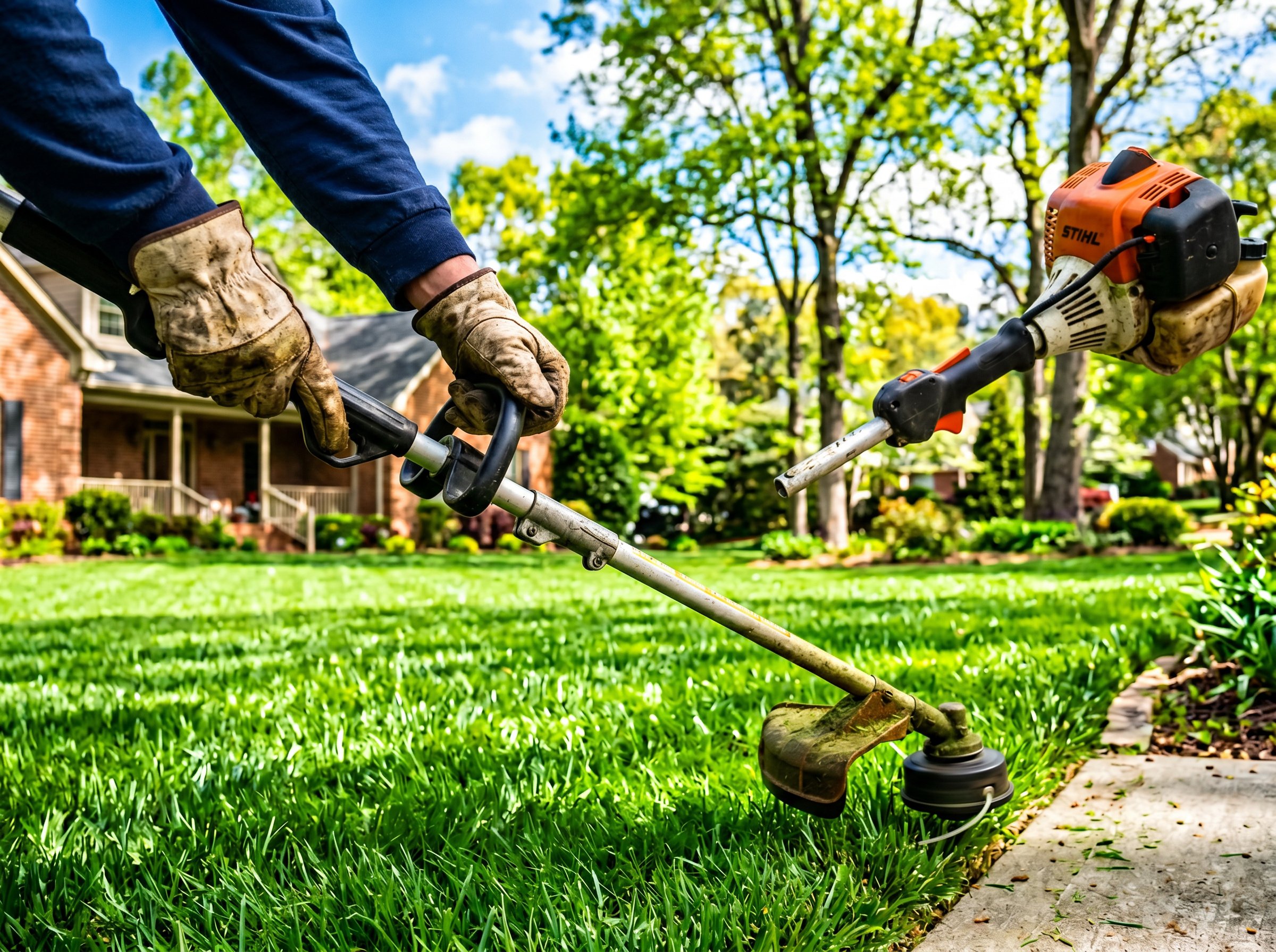 Brown grass lawn showing drought stress with watering can during Georgia drought lawn care