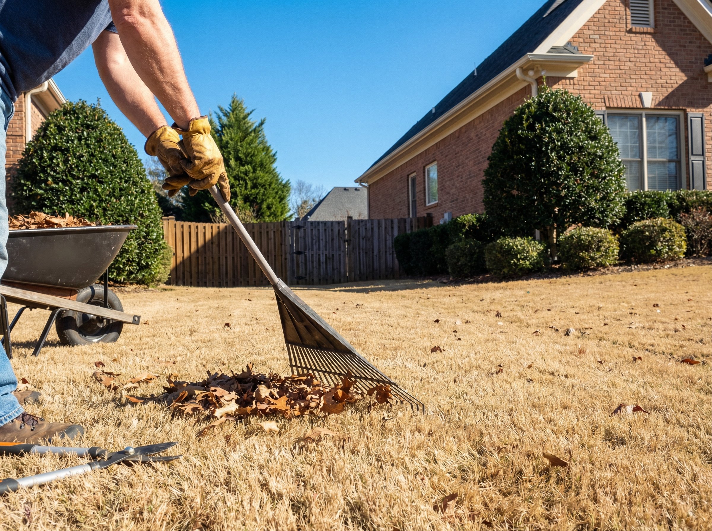 Professional landscaper spreading fertilizer on lush green Georgia lawn during early autumn with fall leaves in background