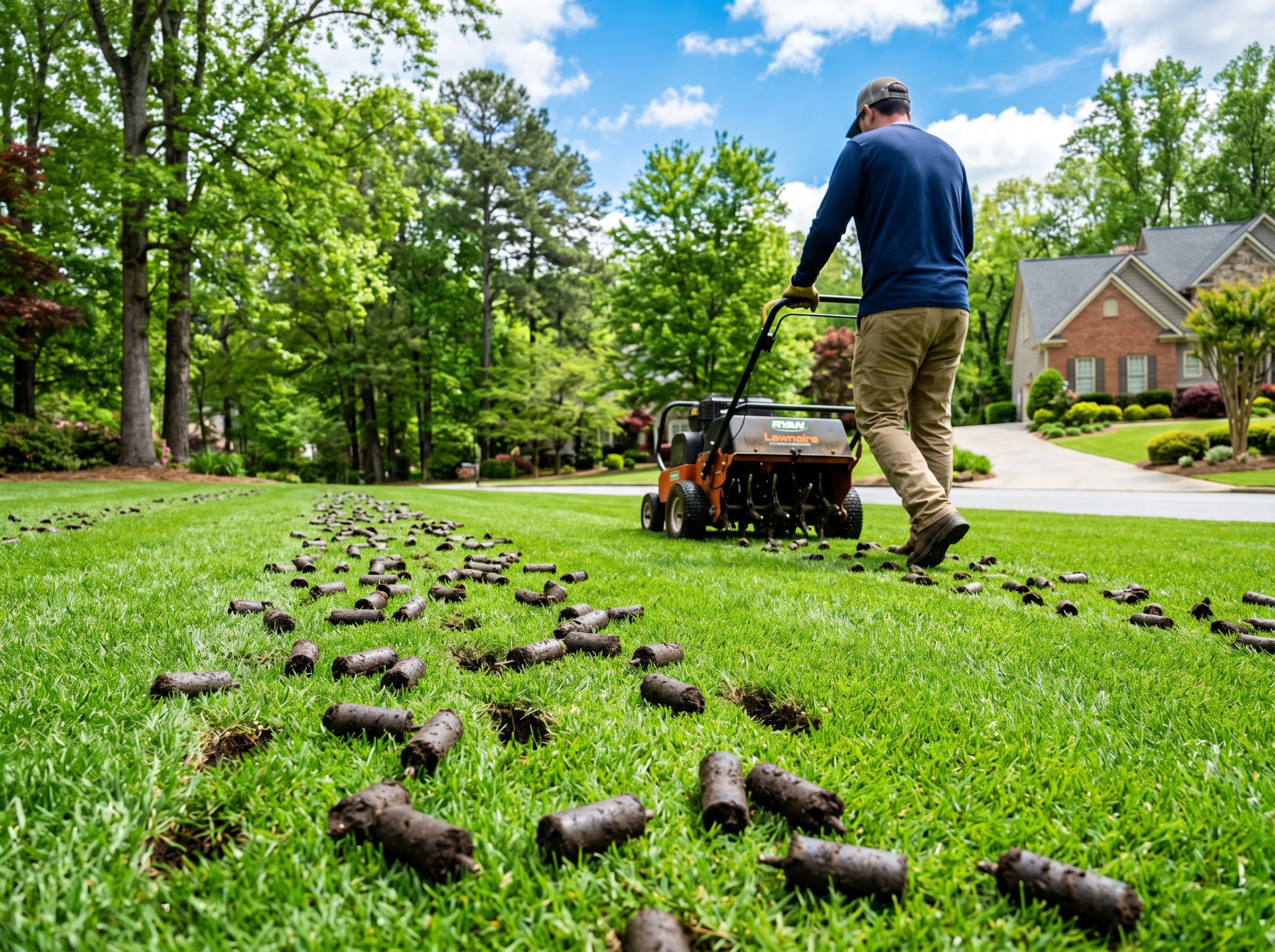 When to aerate lawn in Georgia during spring season with visible soil plugs