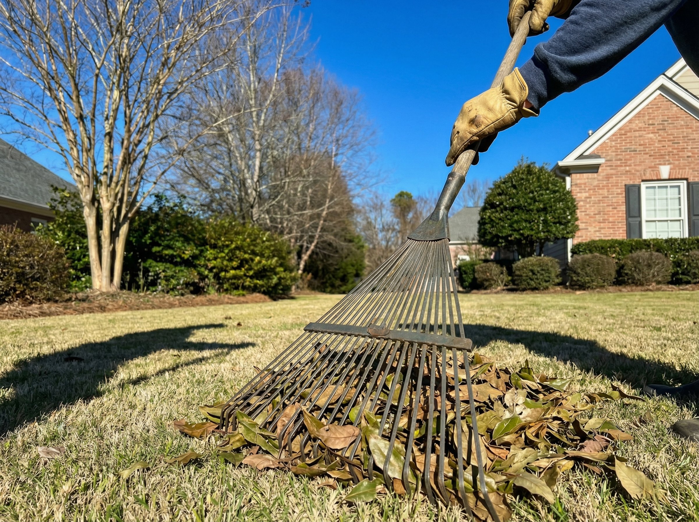 Professional landscaper spreads fertilizer on lush green Georgia lawn with residential house in background