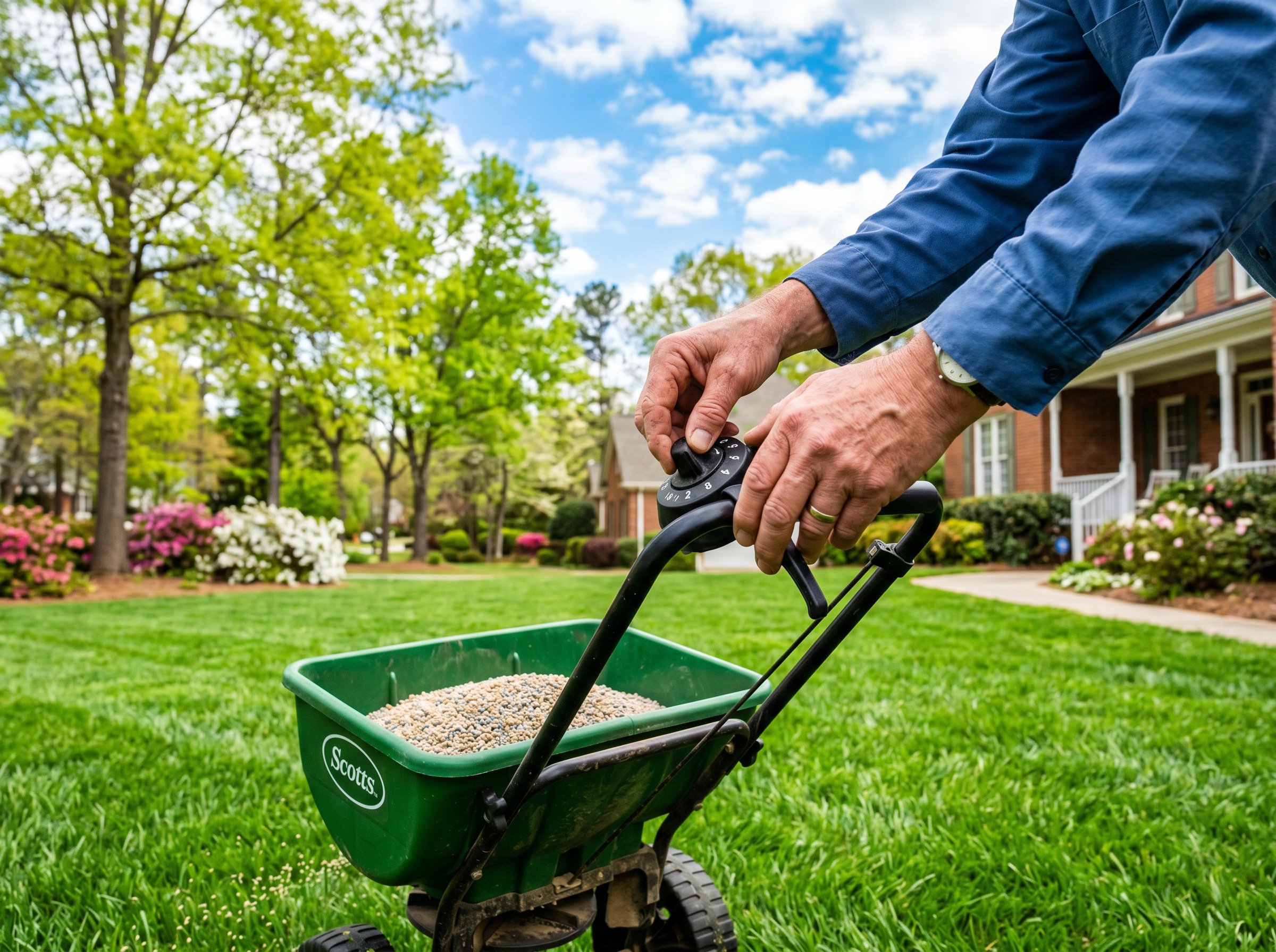Professional applying lawn fertilizer schedule Georgia grass treatment in spring