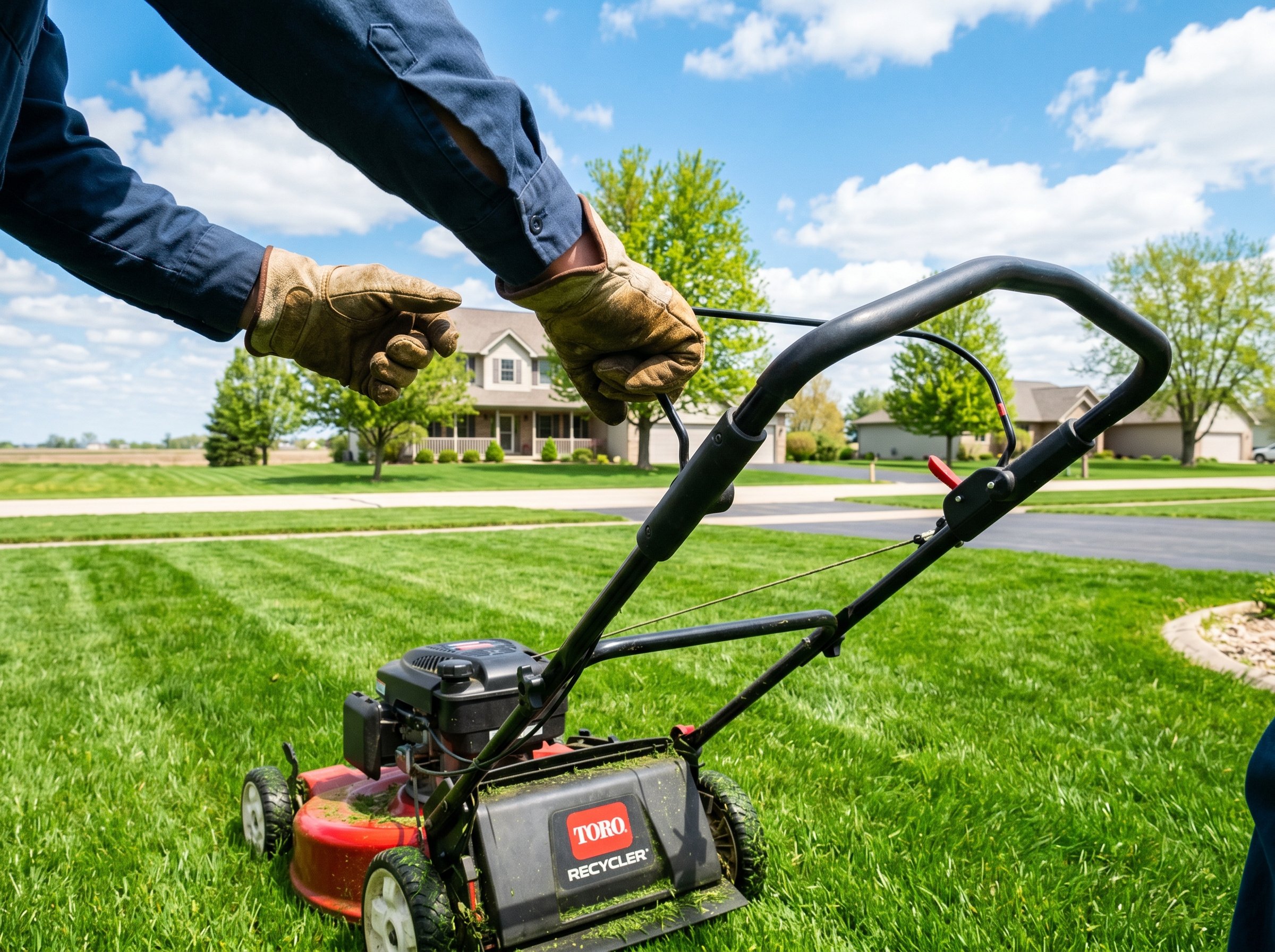 Homeowner applying granular crabgrass preemergent to Illinois lawn with broadcast spreader in early April