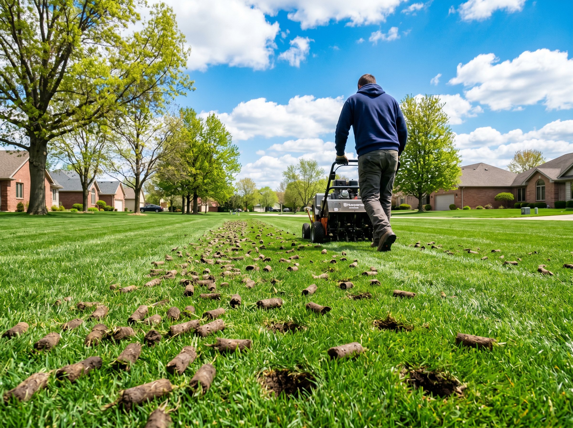 Illinois lawn being aerated in fall with visible soil plugs and grass preparation