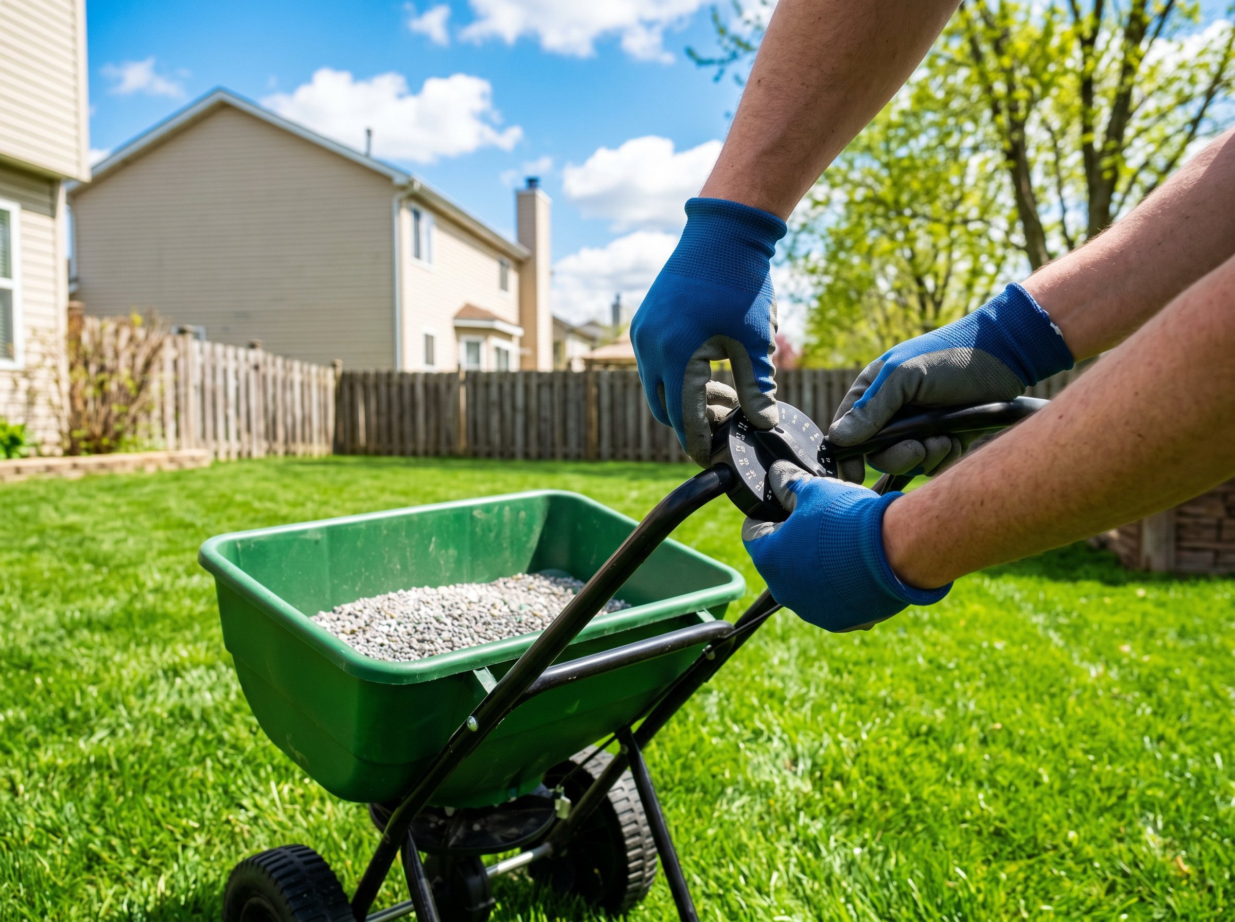 Professional applying lawn fertilizer schedule Illinois during spring lawn care treatment