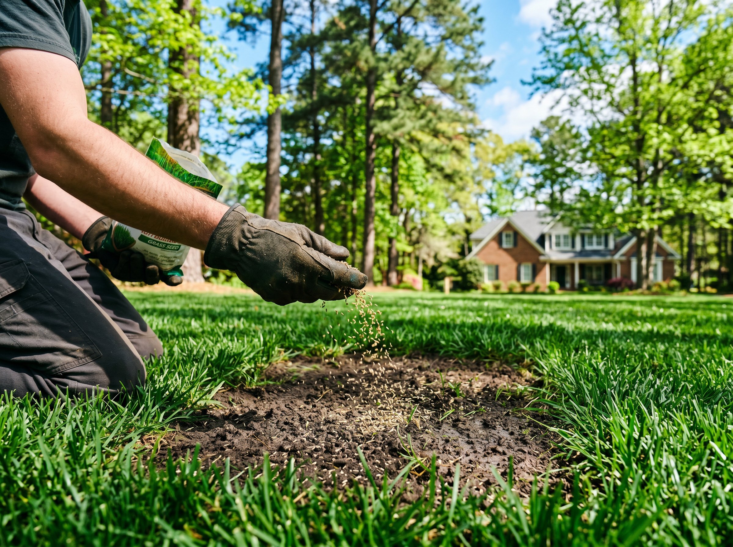 Professional gardener planting grass seed in North Carolina lawn during optimal spring season