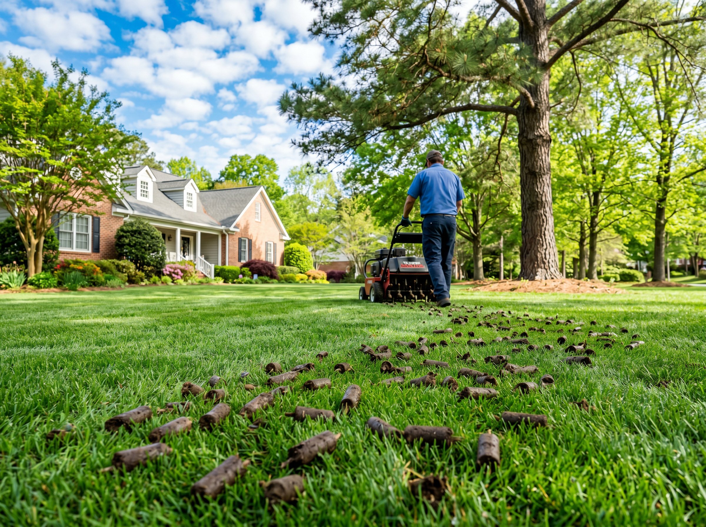 Core aeration machine aerating lawn in North Carolina during optimal spring season