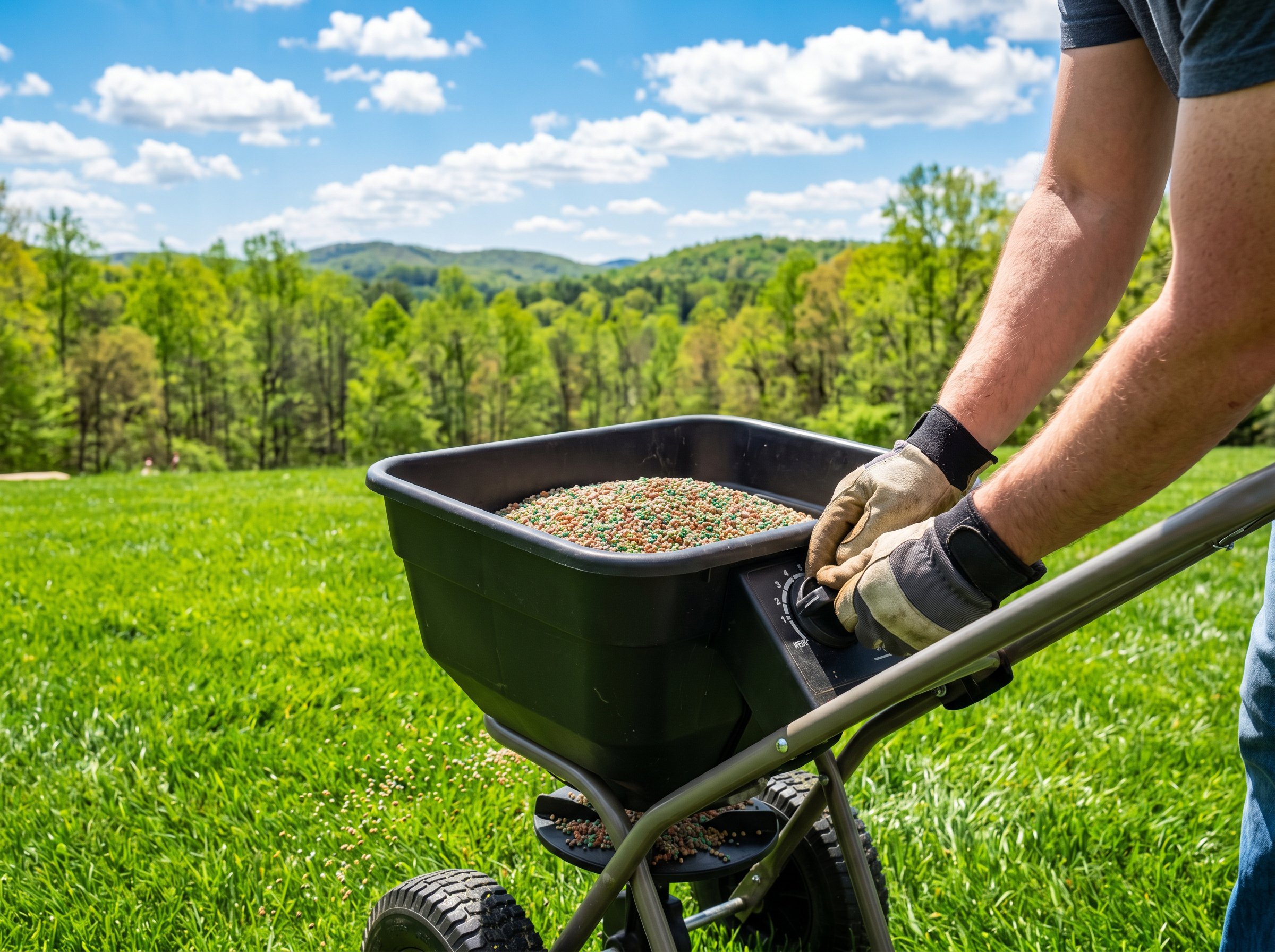 Professional applying lawn fertilizer schedule North Carolina grass treatment