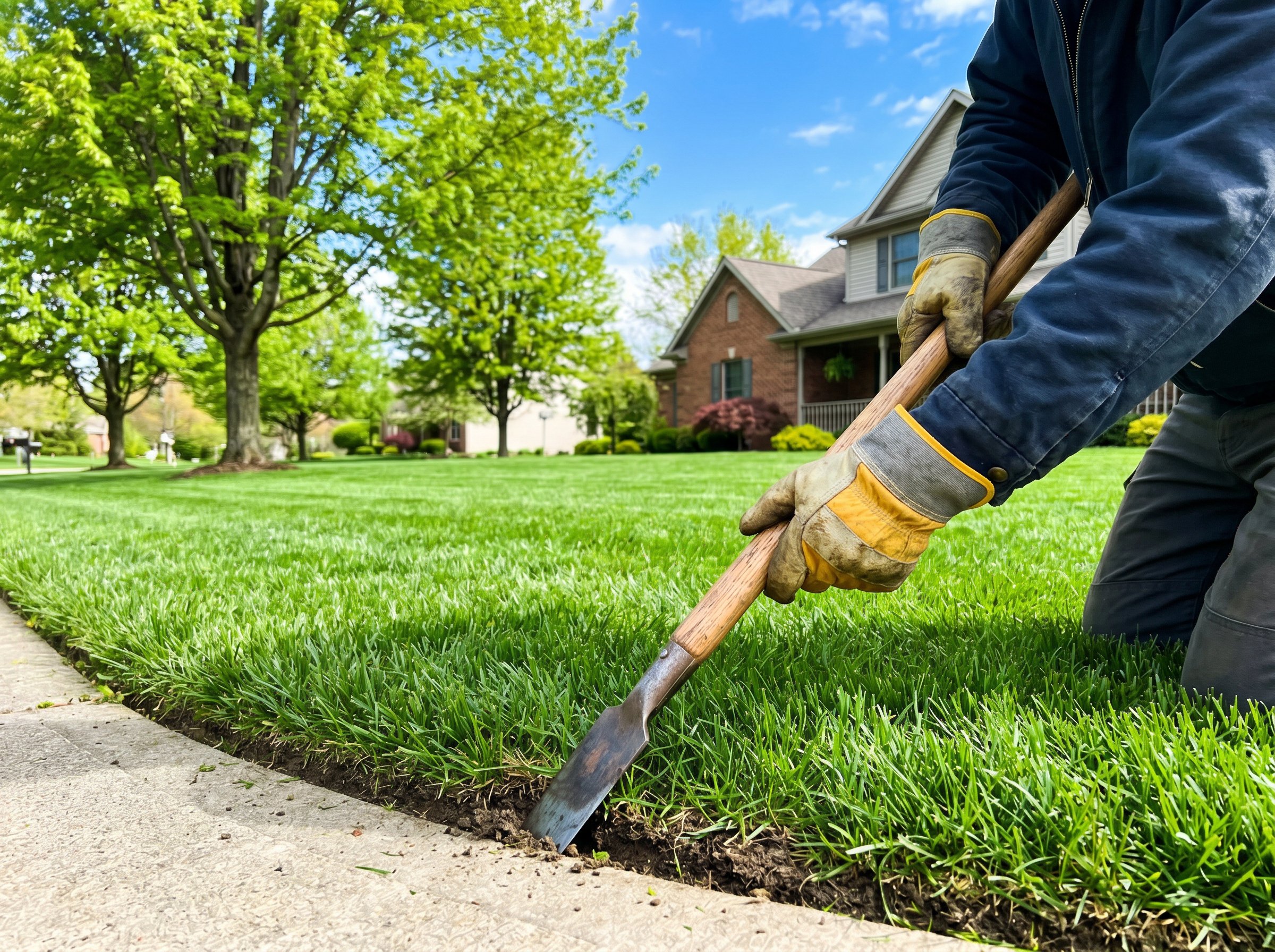 Professional applying crabgrass preemergent to Ohio lawn in early spring