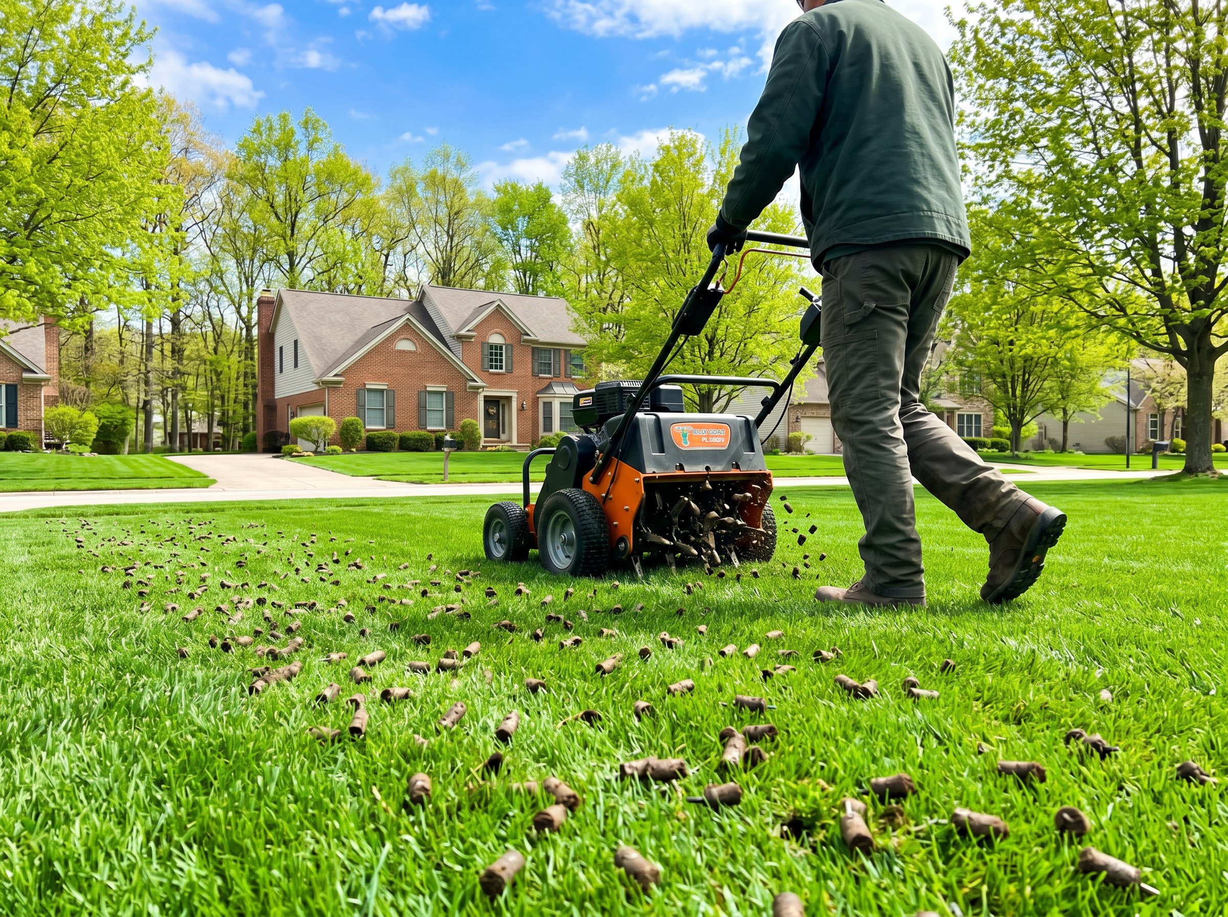 Core aerator machine creating soil plugs in Ohio lawn during fall aeration season