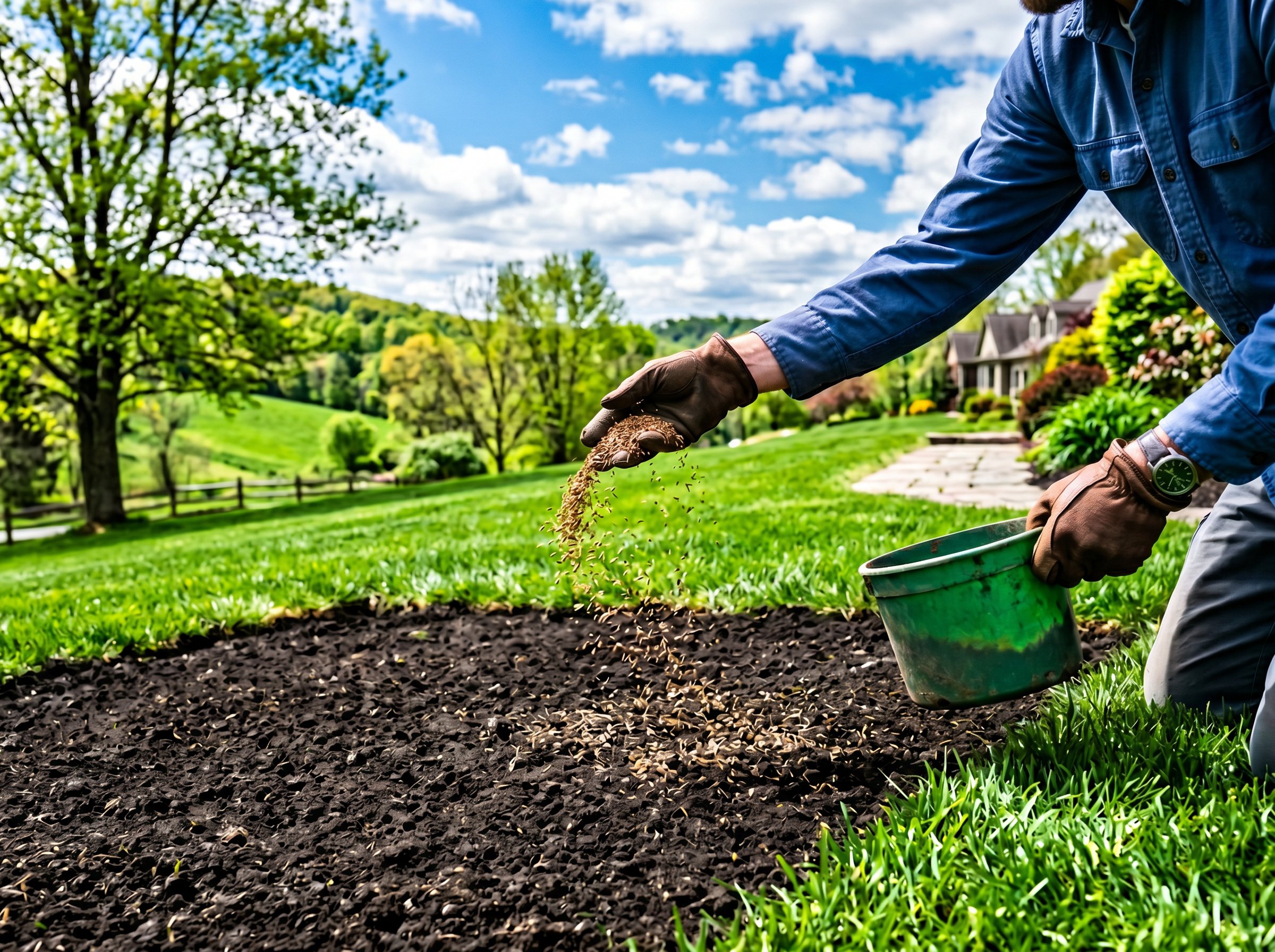 Pennsylvania homeowner spreading grass seed on lawn in fall planting season