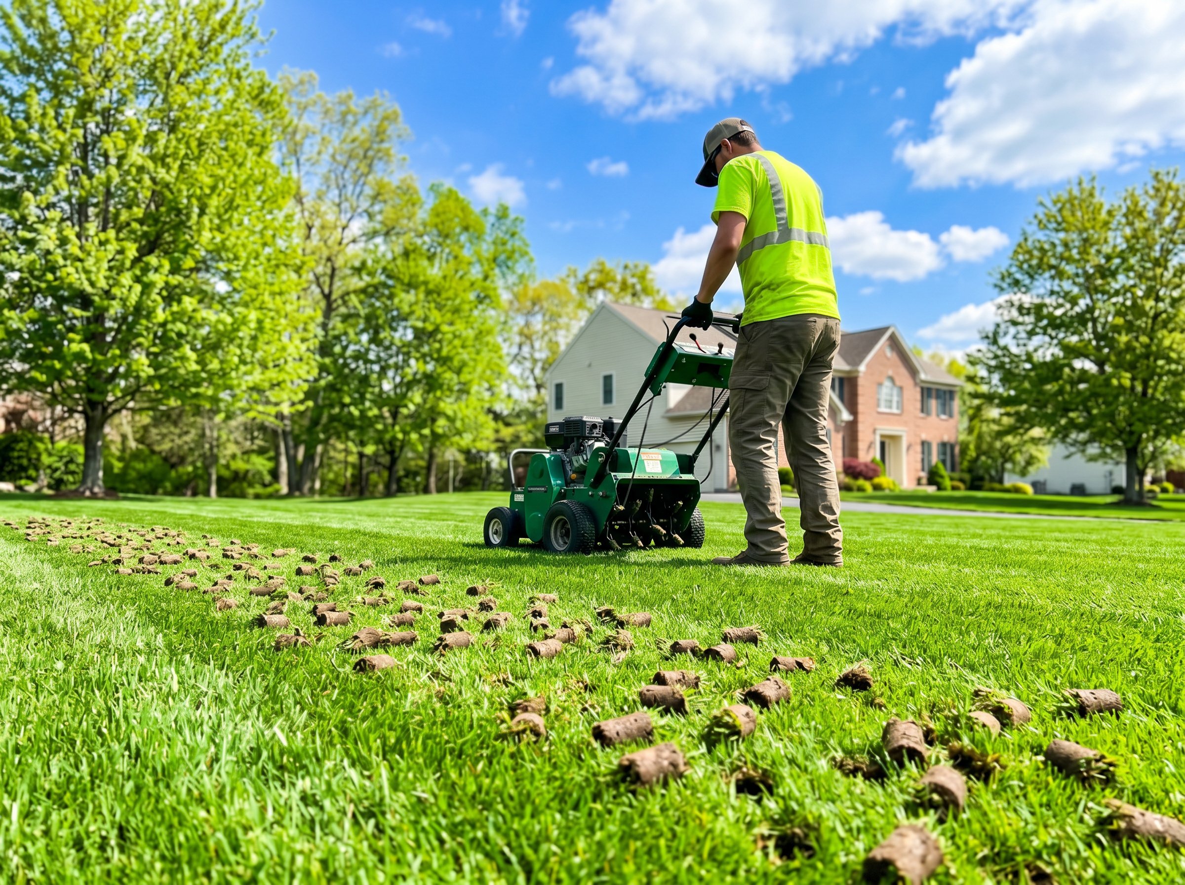 Professional core aerating equipment creating rows of plugs in Pennsylvania grass during fall aeration season