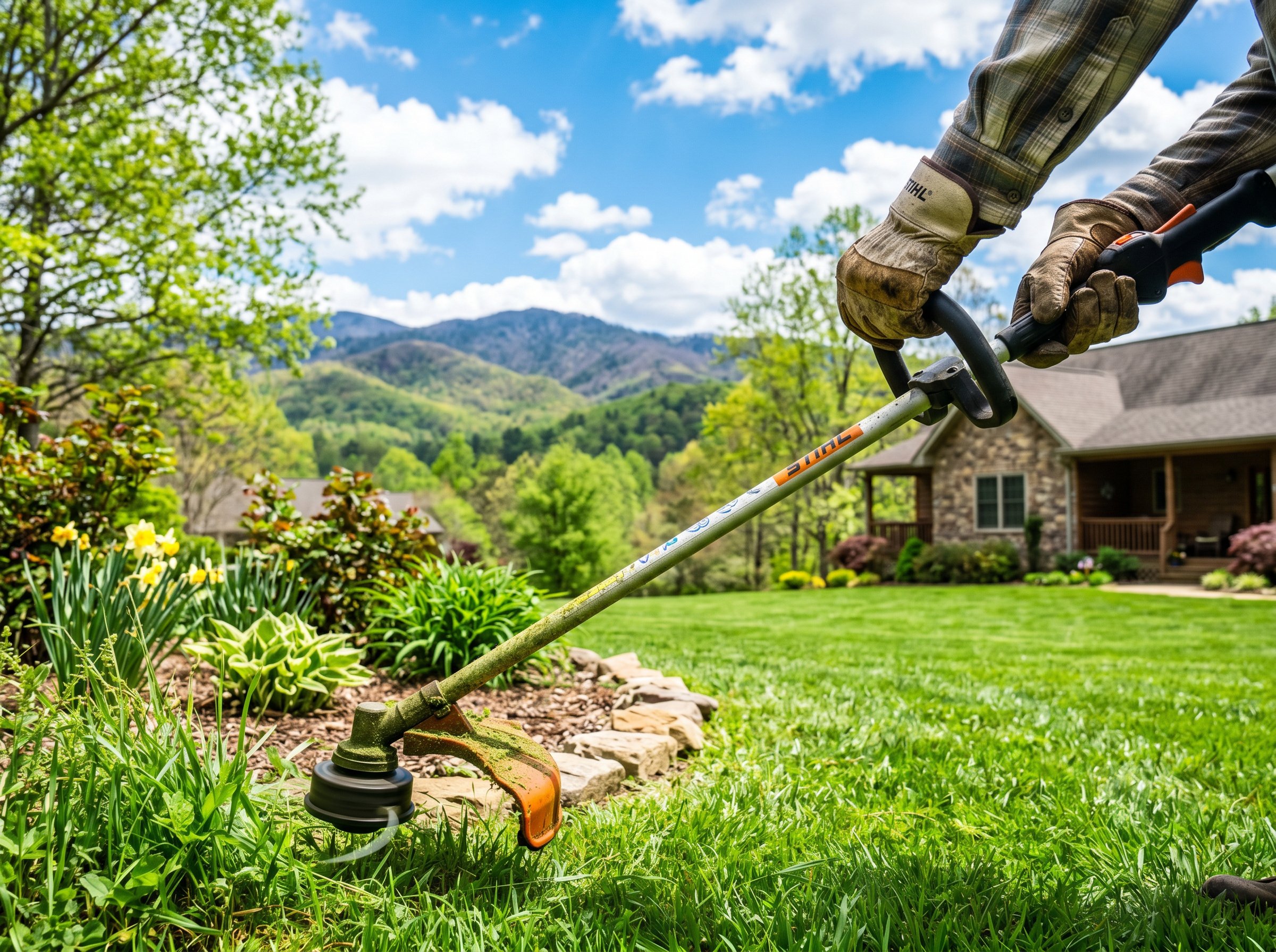 Applying crabgrass preemergent in Tennessee lawn during spring season