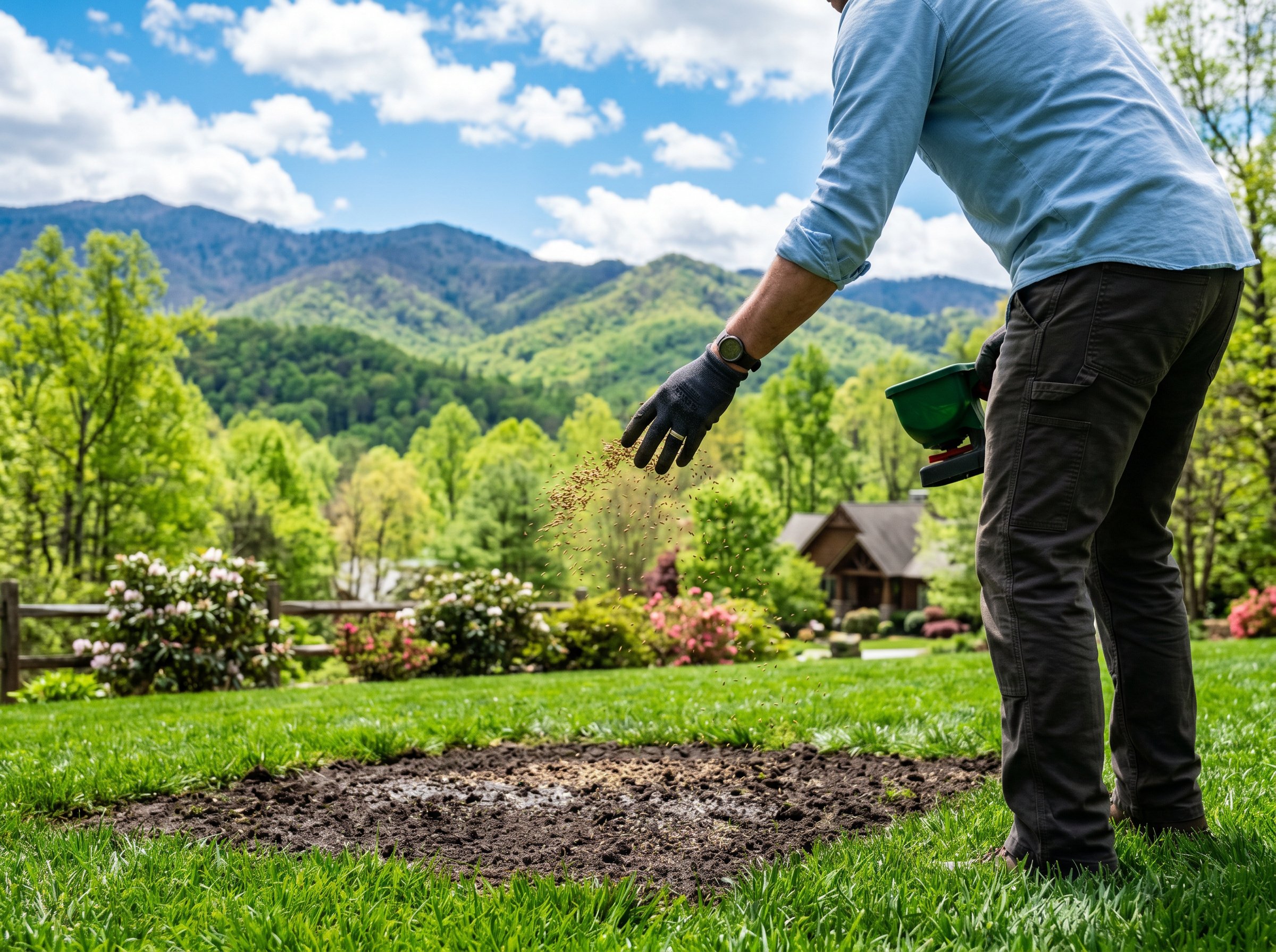 Professional gardener spreading grass seed on prepared Tennessee lawn soil in spring