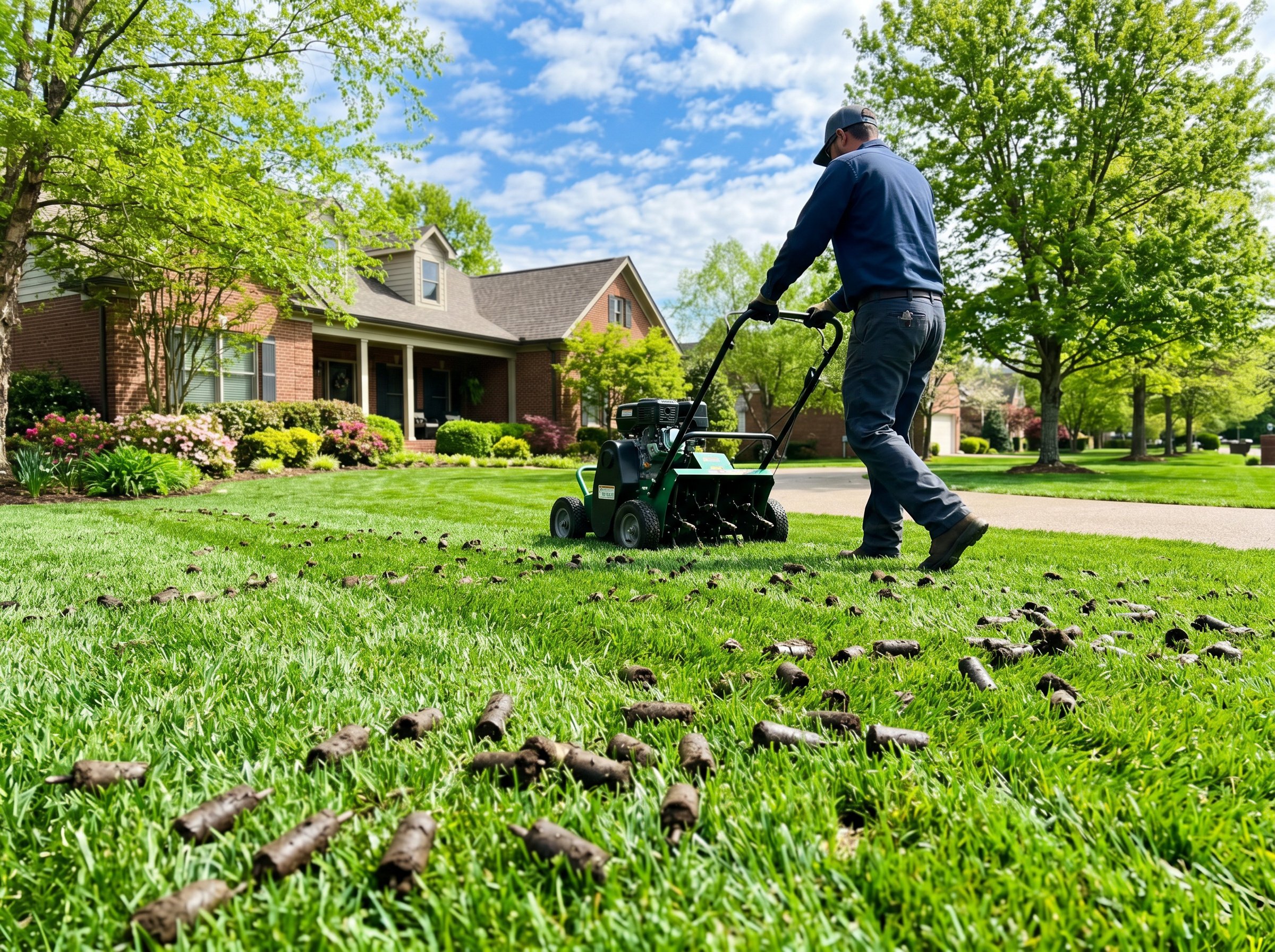 Professional core aeration equipment aerating Tall Fescue lawn in Tennessee fall season