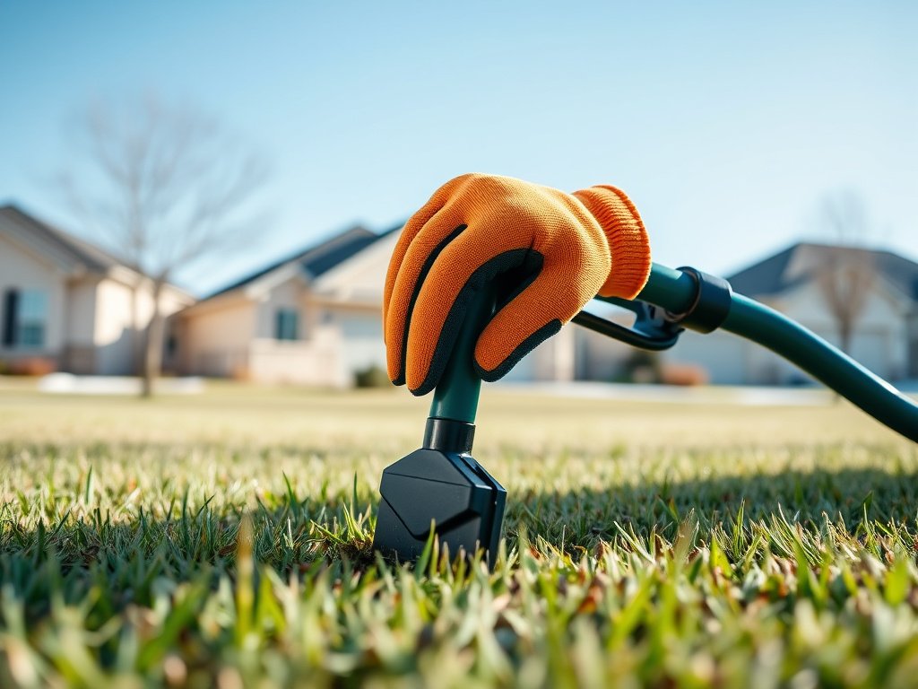 Professional landscaper inspecting brown lawn for fall pest damage in Texas suburban backyard with dried grass and trees