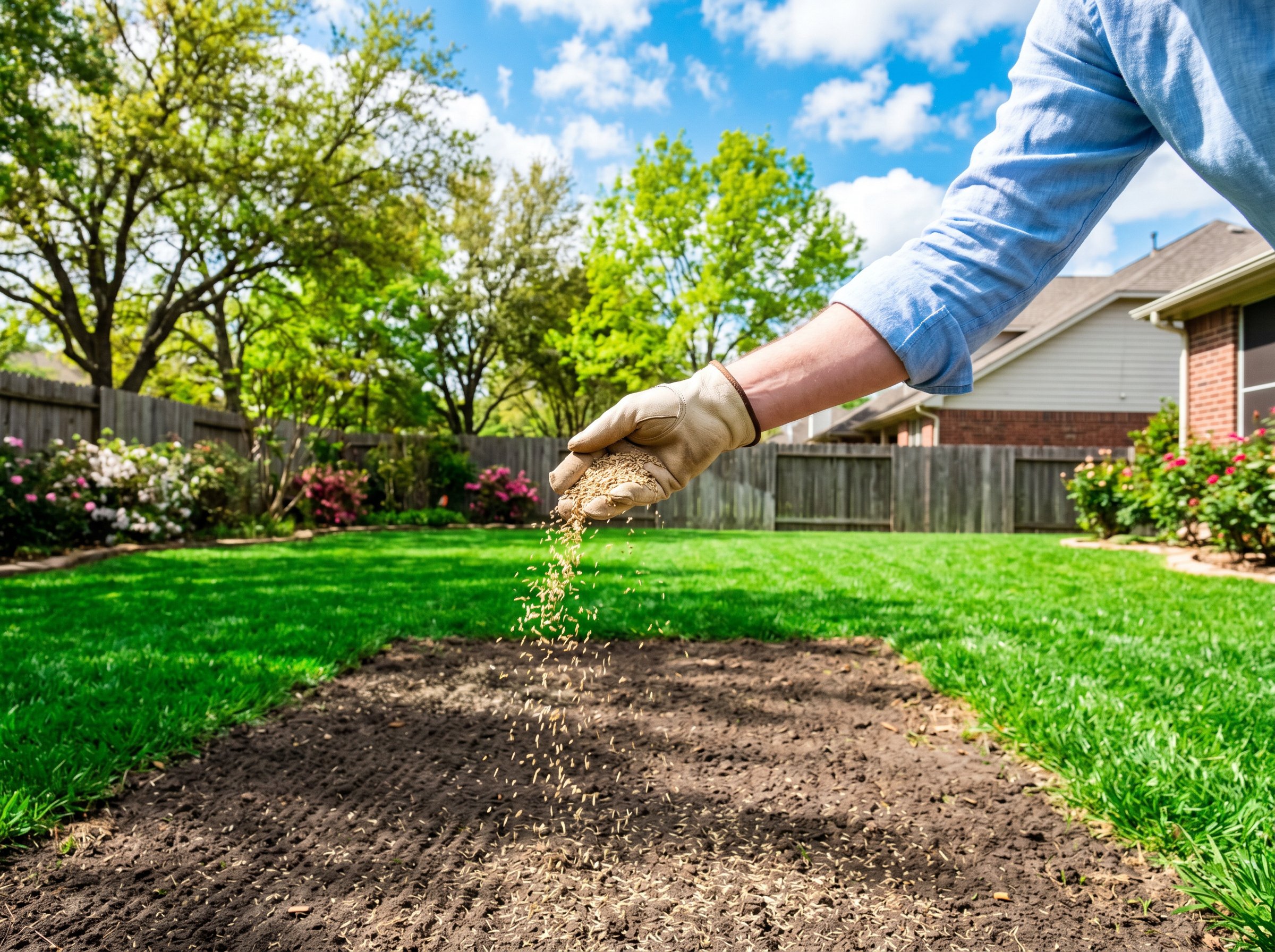New grass seedlings emerging from overseeded lawn
