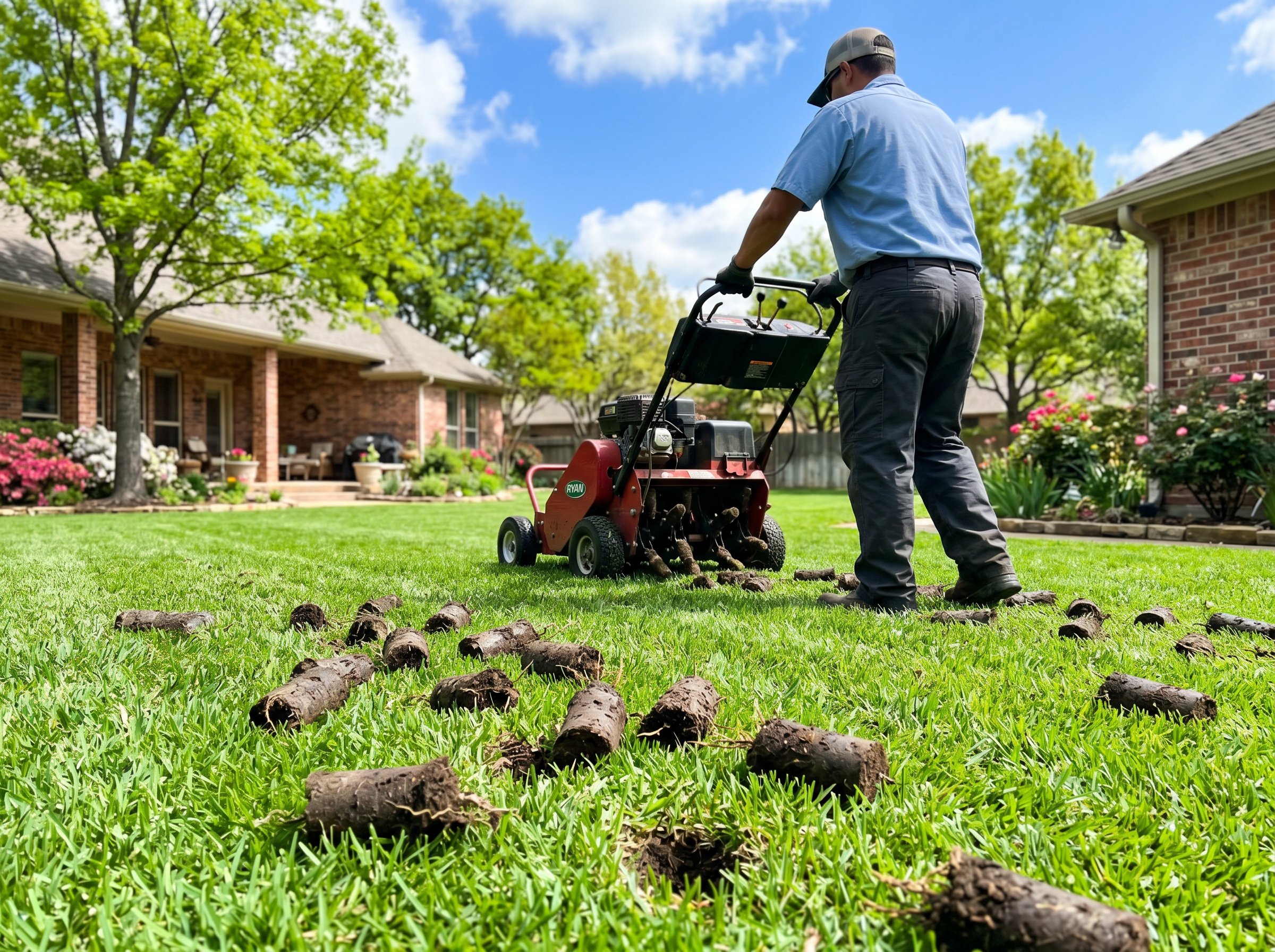 Professional aerating a Texas lawn in fall with visible soil plugs and green grass