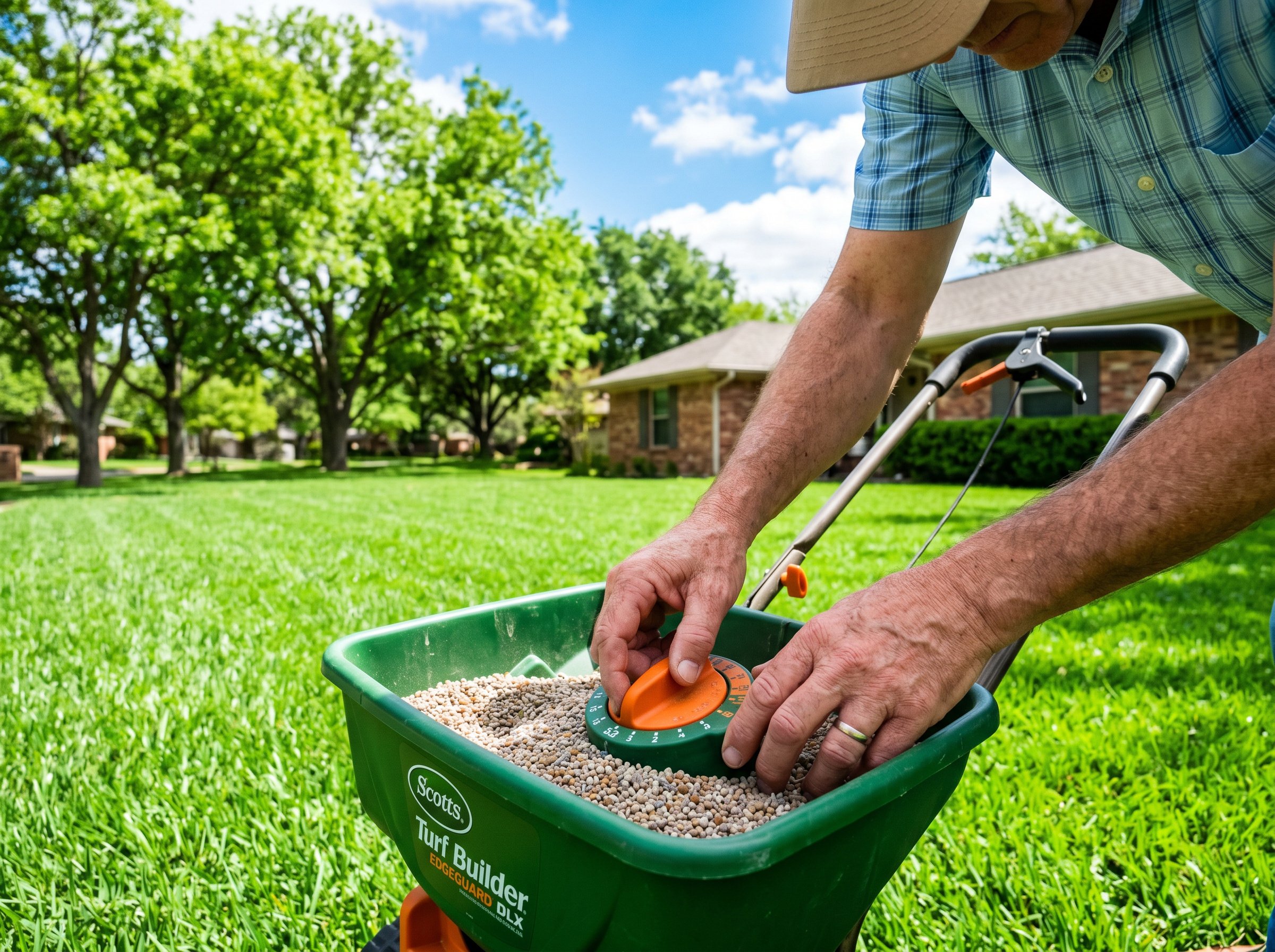 Broadcast spreader applying granular fertilizer to lawn