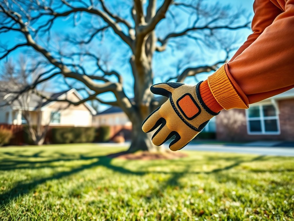 Professional landscaper mowing green lawn with riding mower under bright Texas summer sunshine with clear blue sky