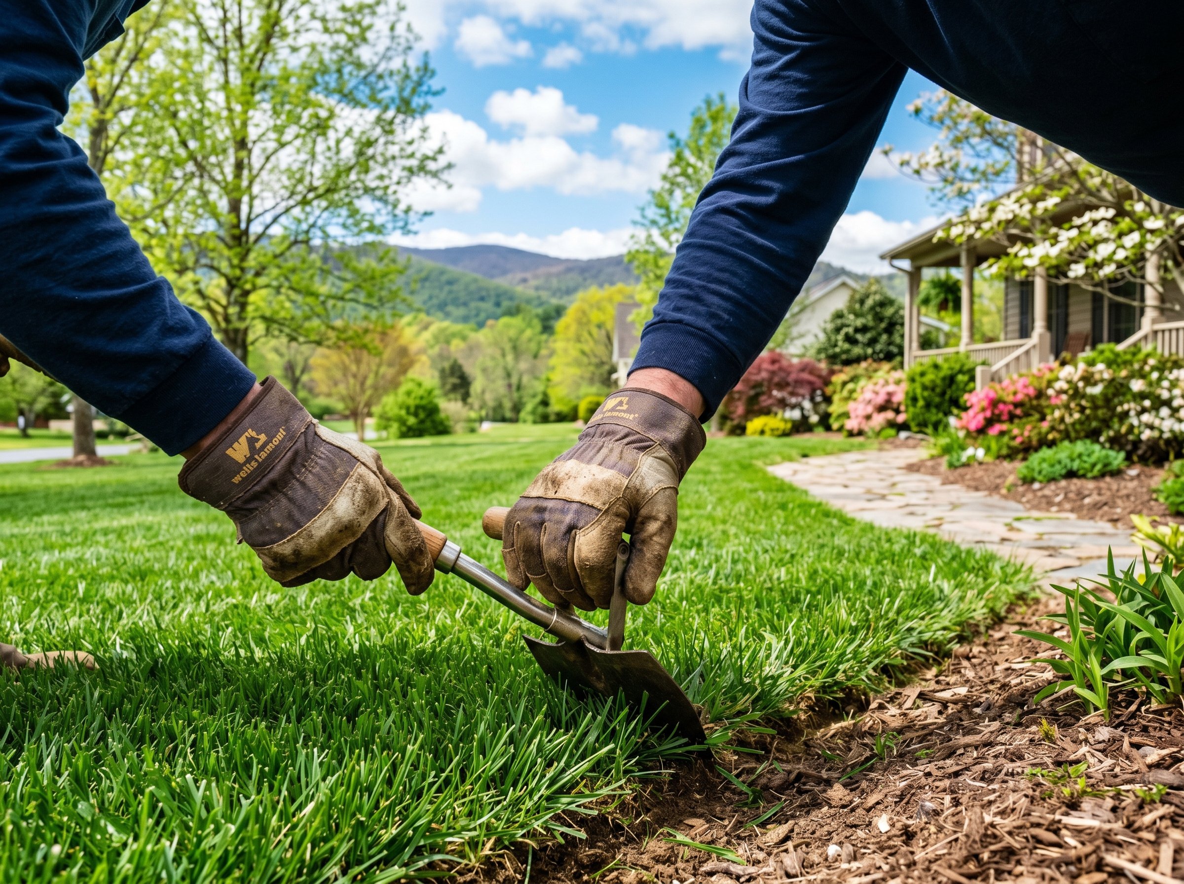 Lawn care technician applying crabgrass preemergent in Virginia in early spring before forsythia bloom