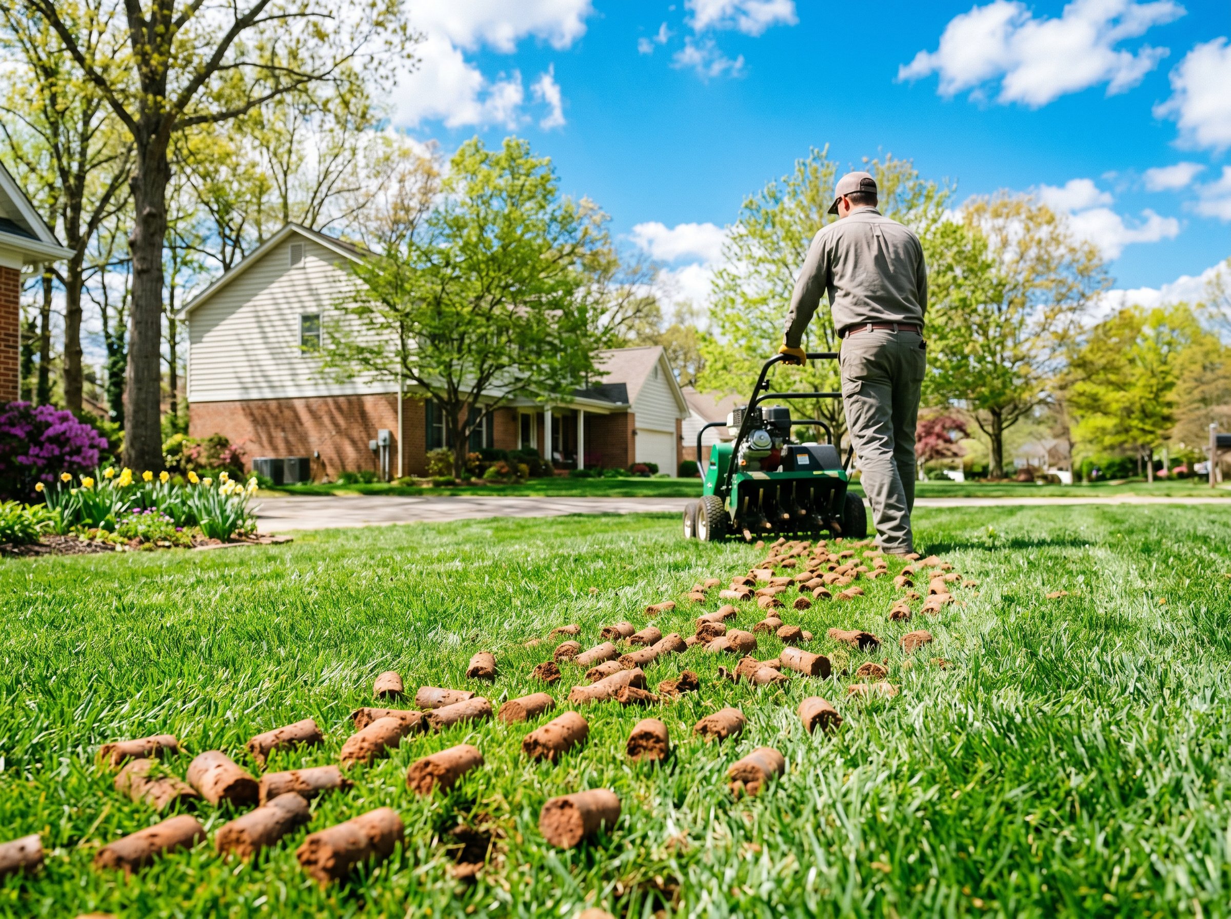Professional aerating equipment creating holes in Virginia lawn during spring aeration season