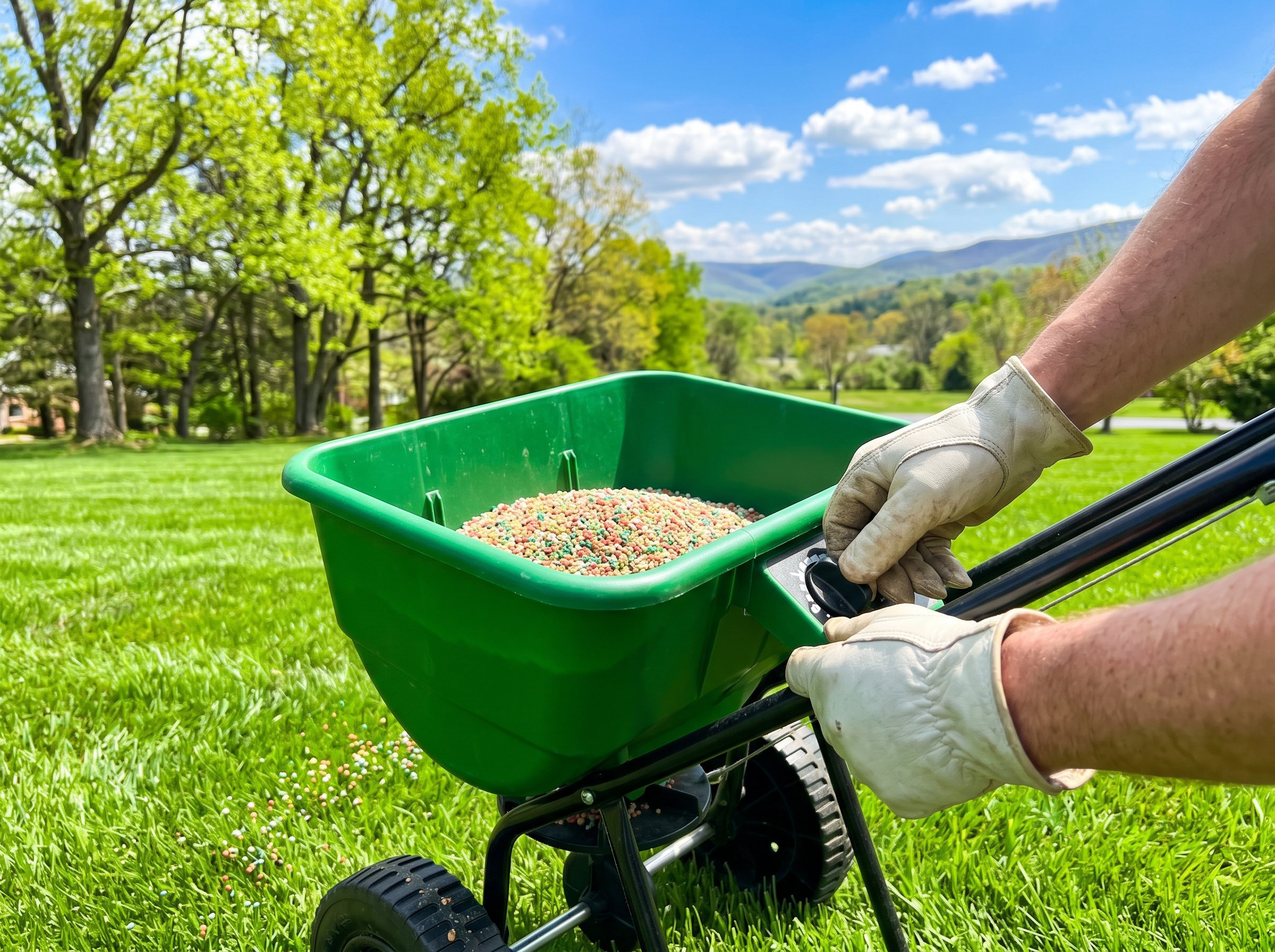 Professional applying lawn fertilizer schedule Virginia grass treatment monthly guide